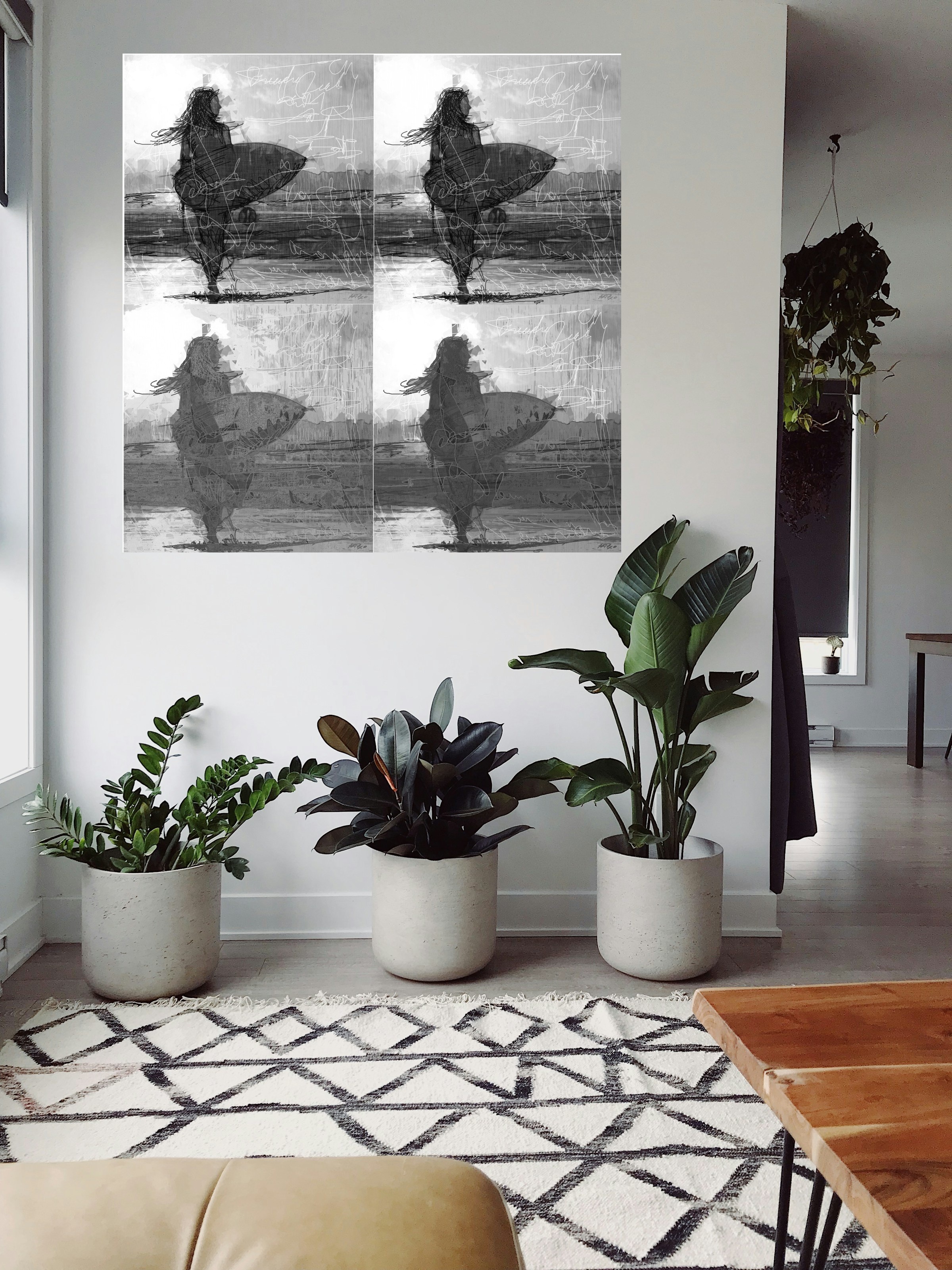 Dynamic Black and White Surfer Girl Digital Art — art on the wall, room interior preview 3