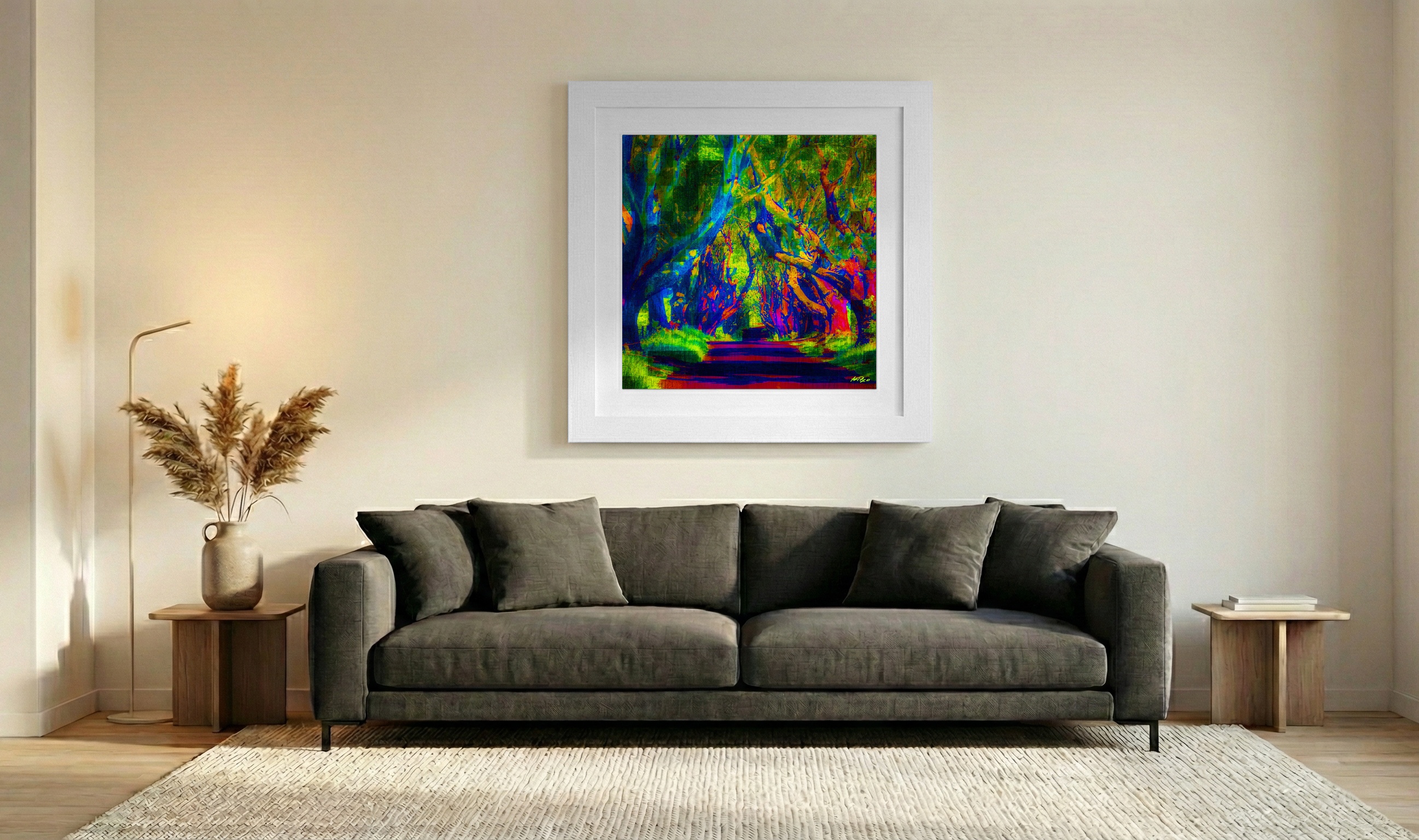 Electric Colorful Forest Path — art on the wall, room interior preview 3