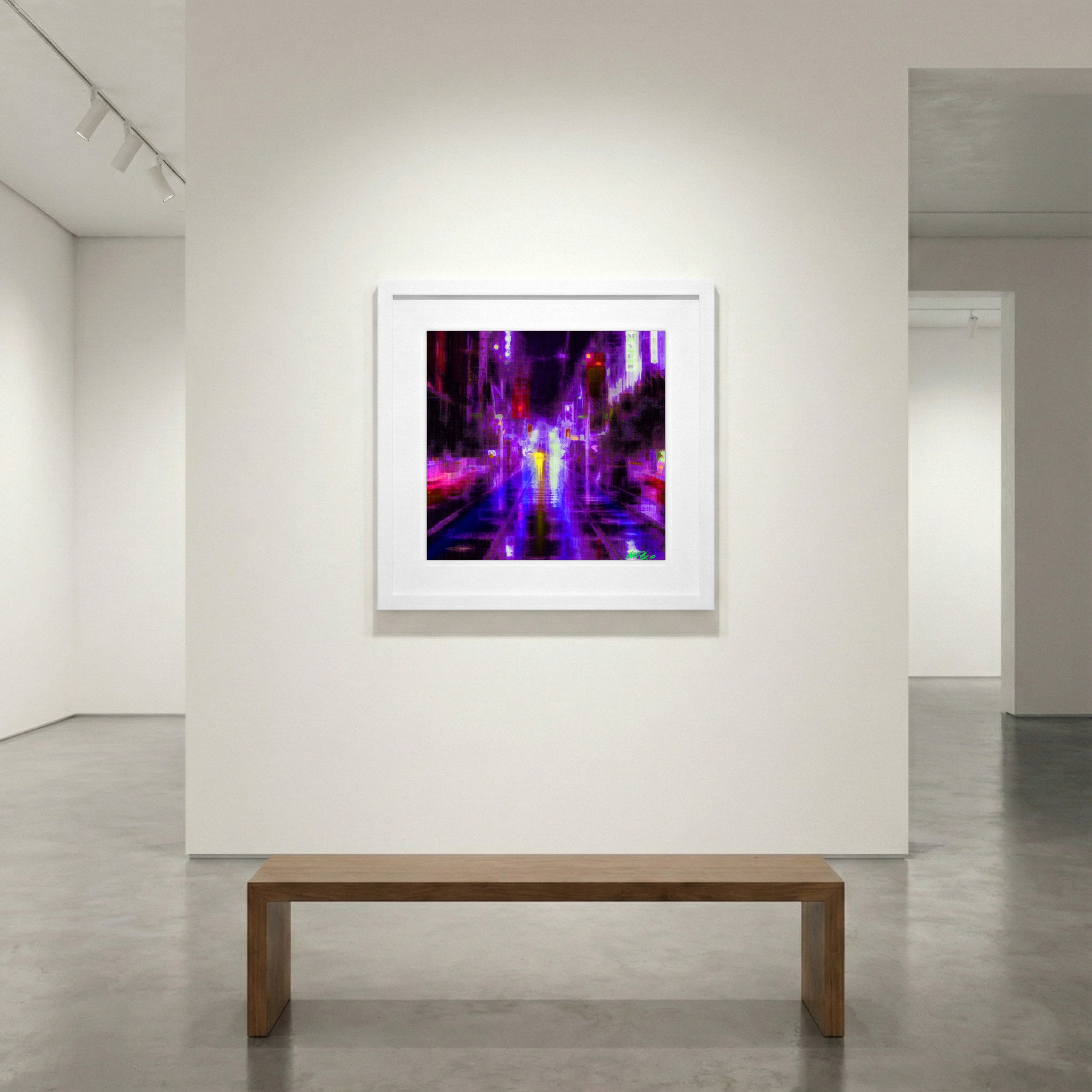 Purple and Blue Neon Cityscape — art on the wall, room interior preview 1