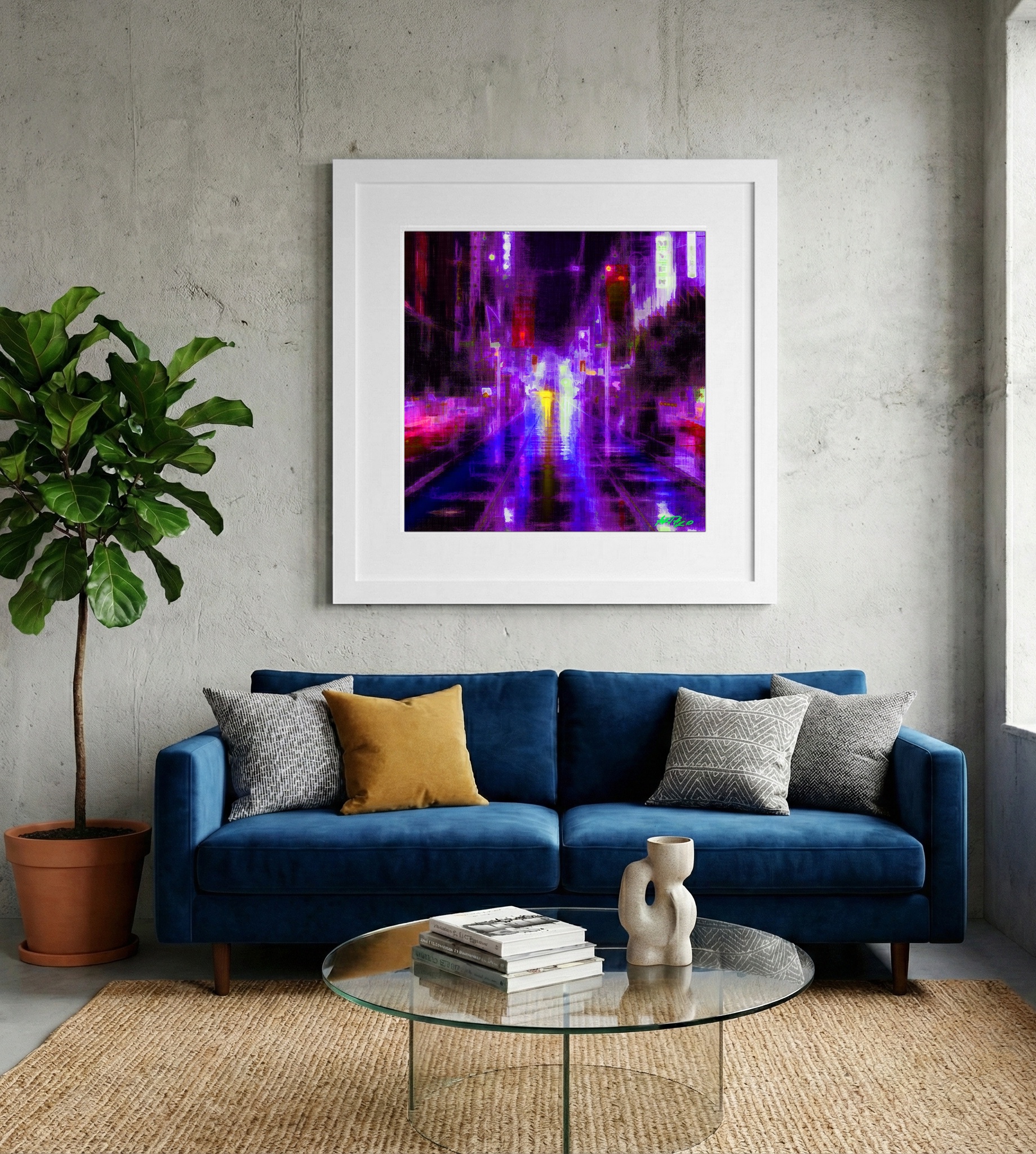 Purple and Blue Neon Cityscape — art on the wall, room interior preview 2