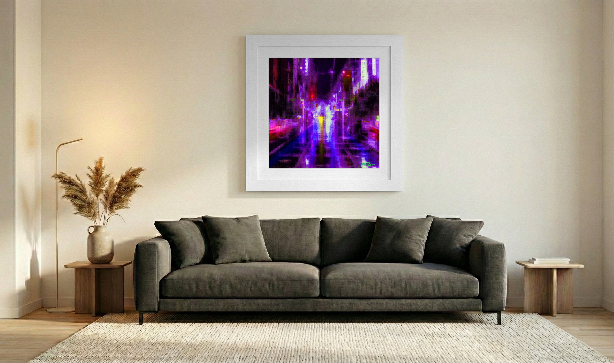 Purple and Blue Neon Cityscape — art on the wall, room interior preview 3