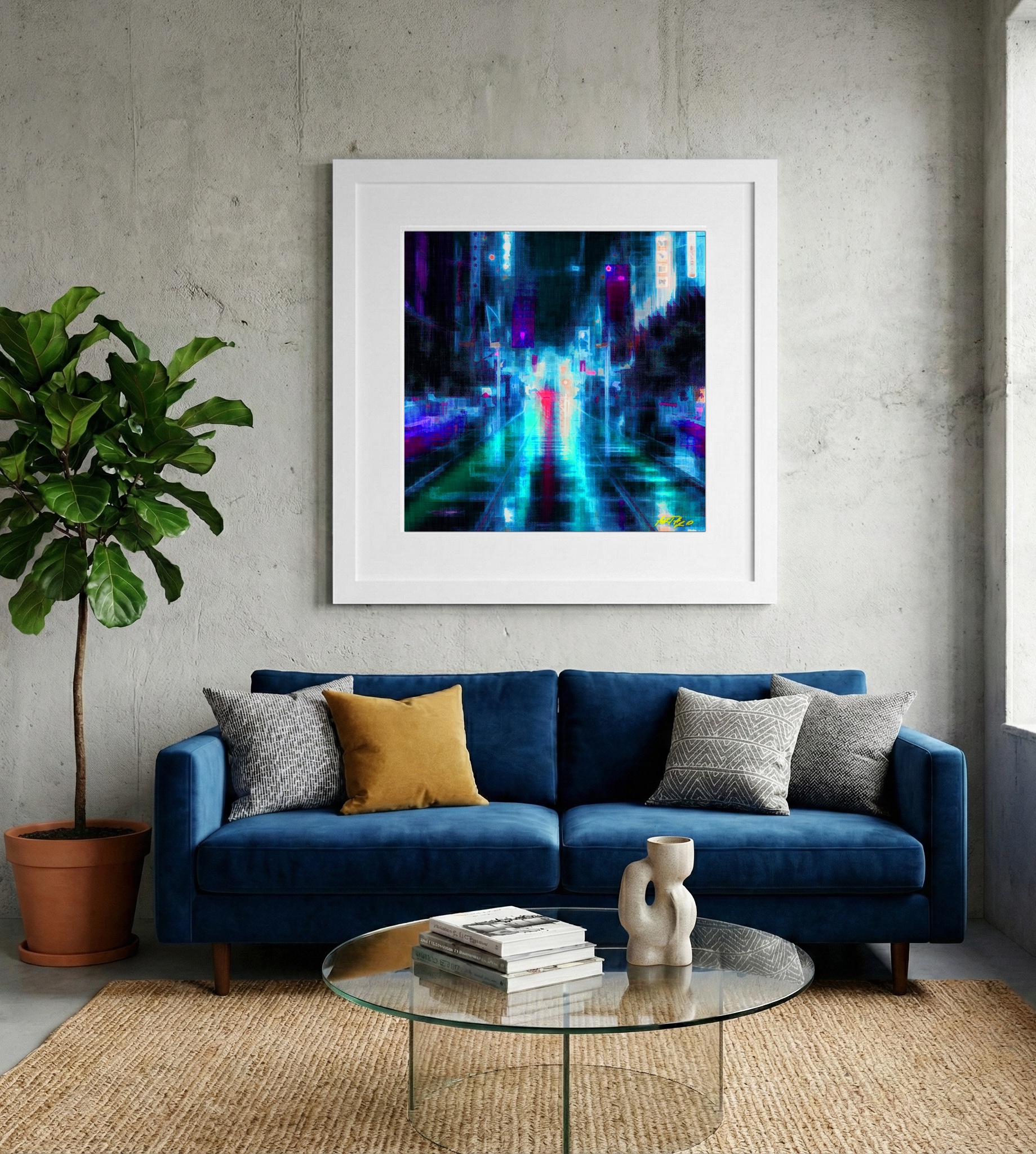 Turquoise and Pink Urban Night — art on the wall, room interior preview 2