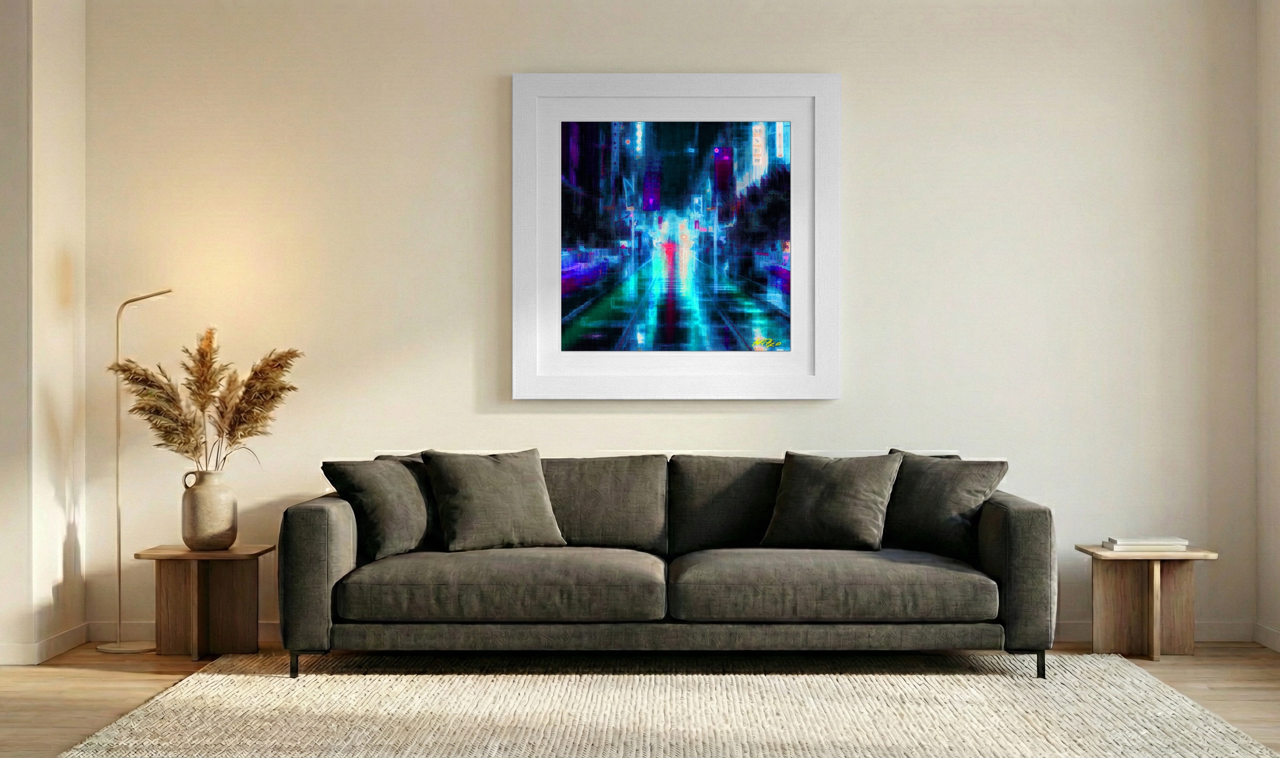 Turquoise and Pink Urban Night — art on the wall, room interior preview 3