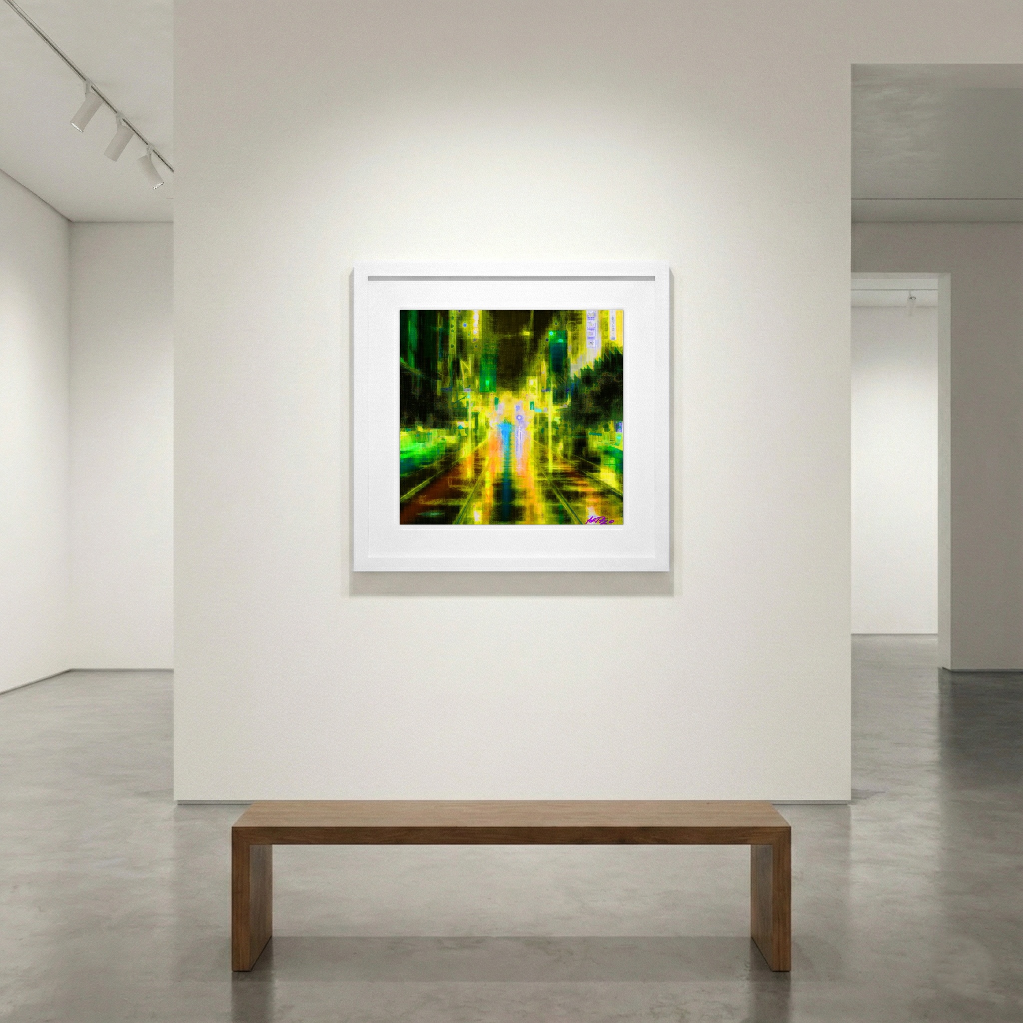 Neon Green City Nightscape — art on the wall, room interior preview 1