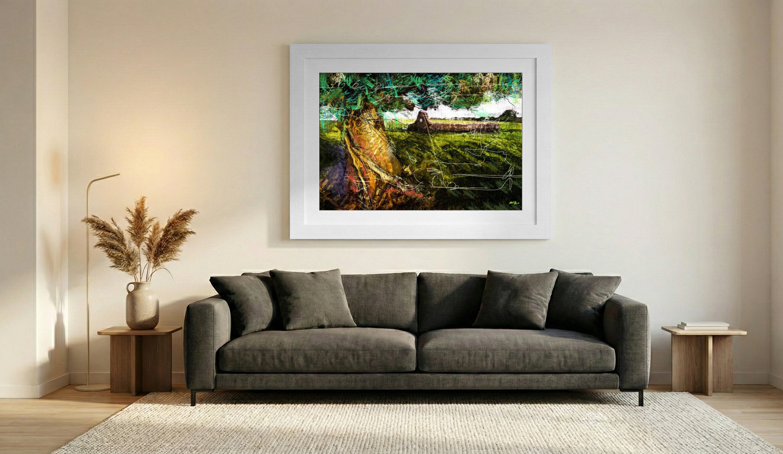 Yellow and Green Kilmacduagh Digital Artwork — art on the wall, room interior preview 1