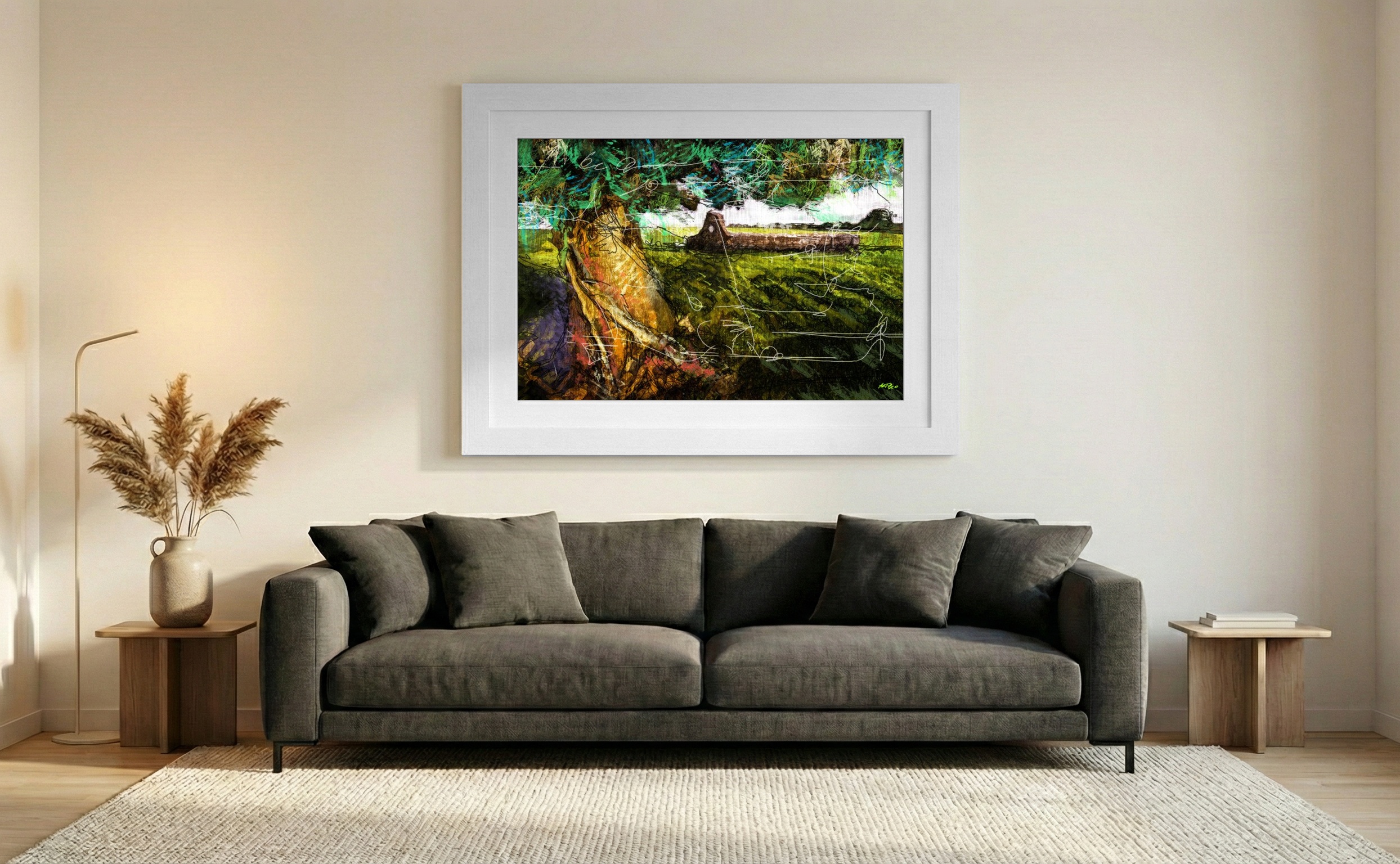 Yellow and Green Kilmacduagh Digital Artwork — art on the wall, room interior preview 2