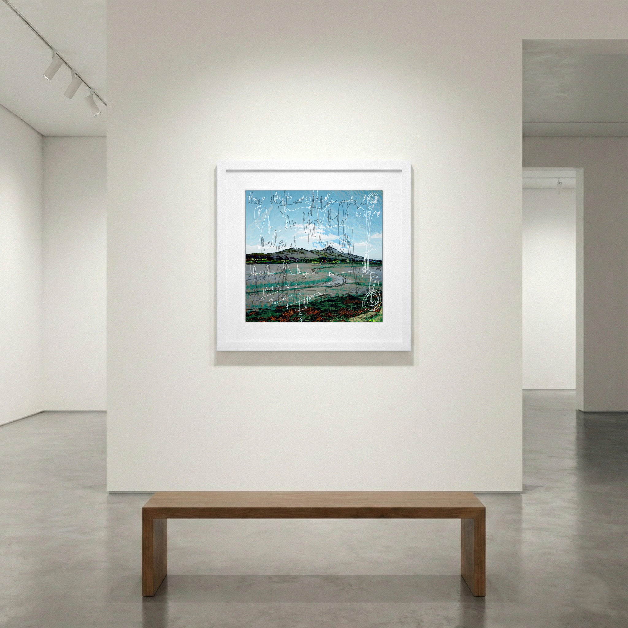 Light Blue Mountain Landscape Digital Artwork — art on the wall, room interior preview 1