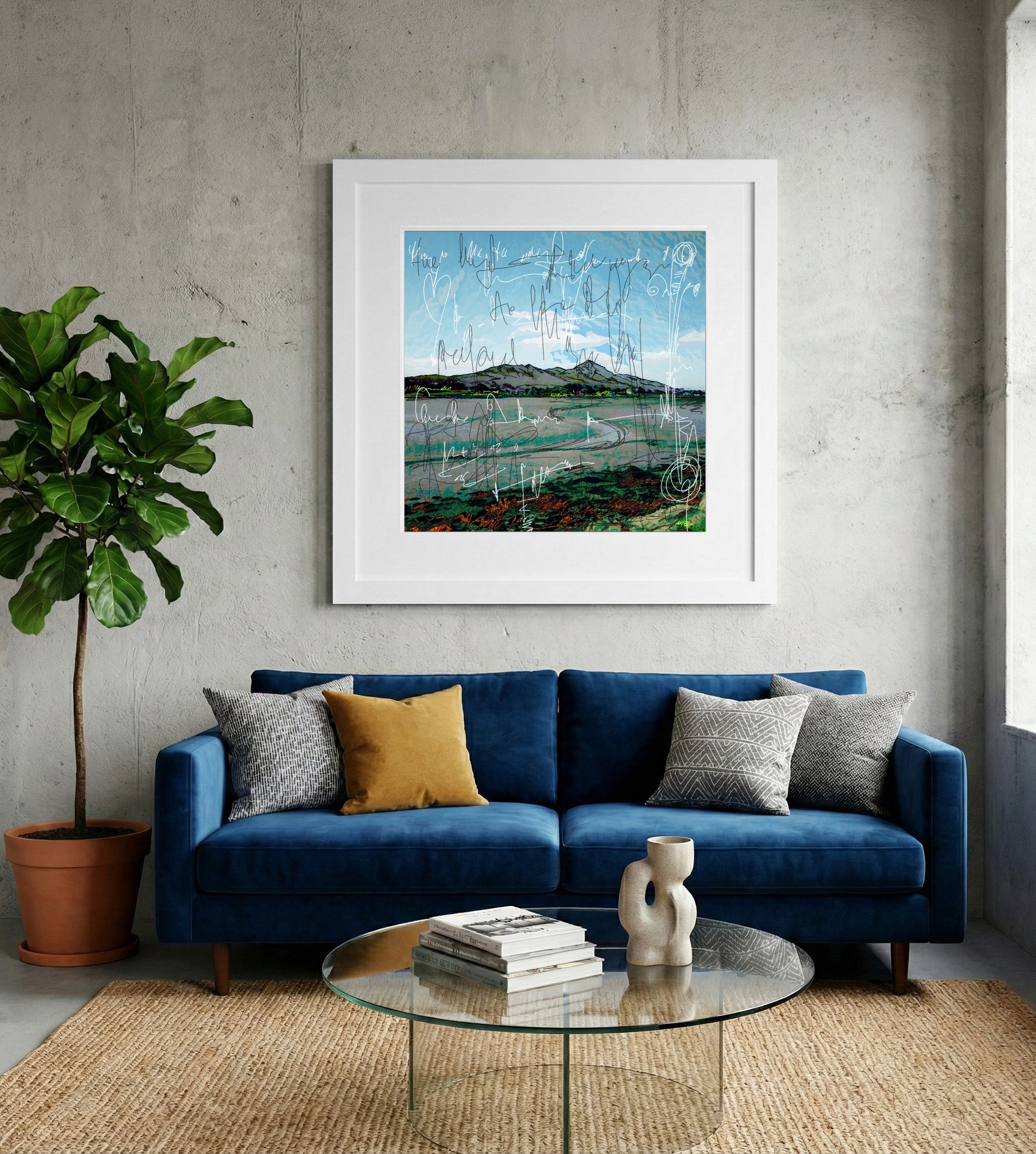 Light Blue Mountain Landscape Digital Artwork — art on the wall, room interior preview 2