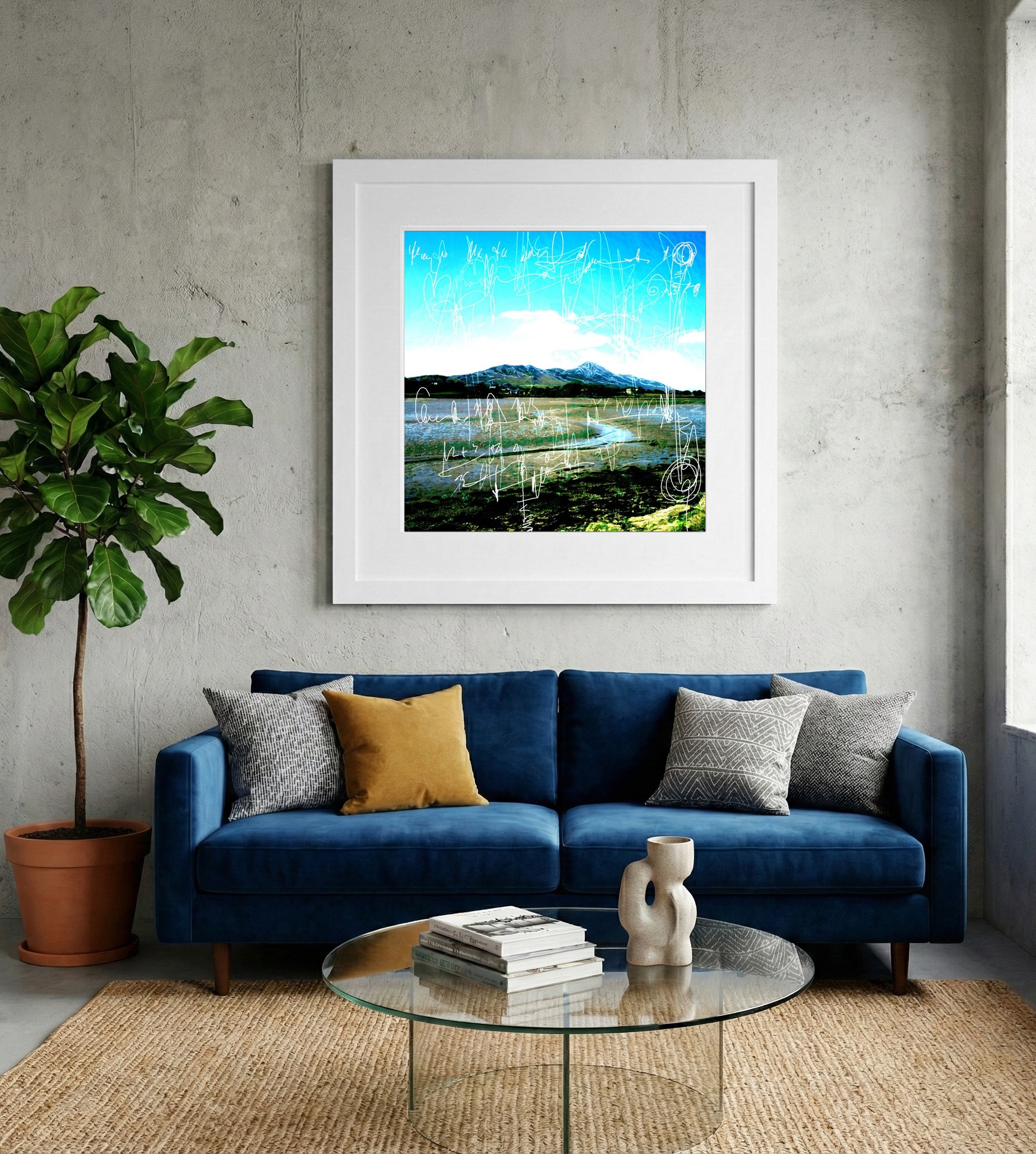 Cerulean Blue Mountain Digital Artwork — art on the wall, room interior preview 2