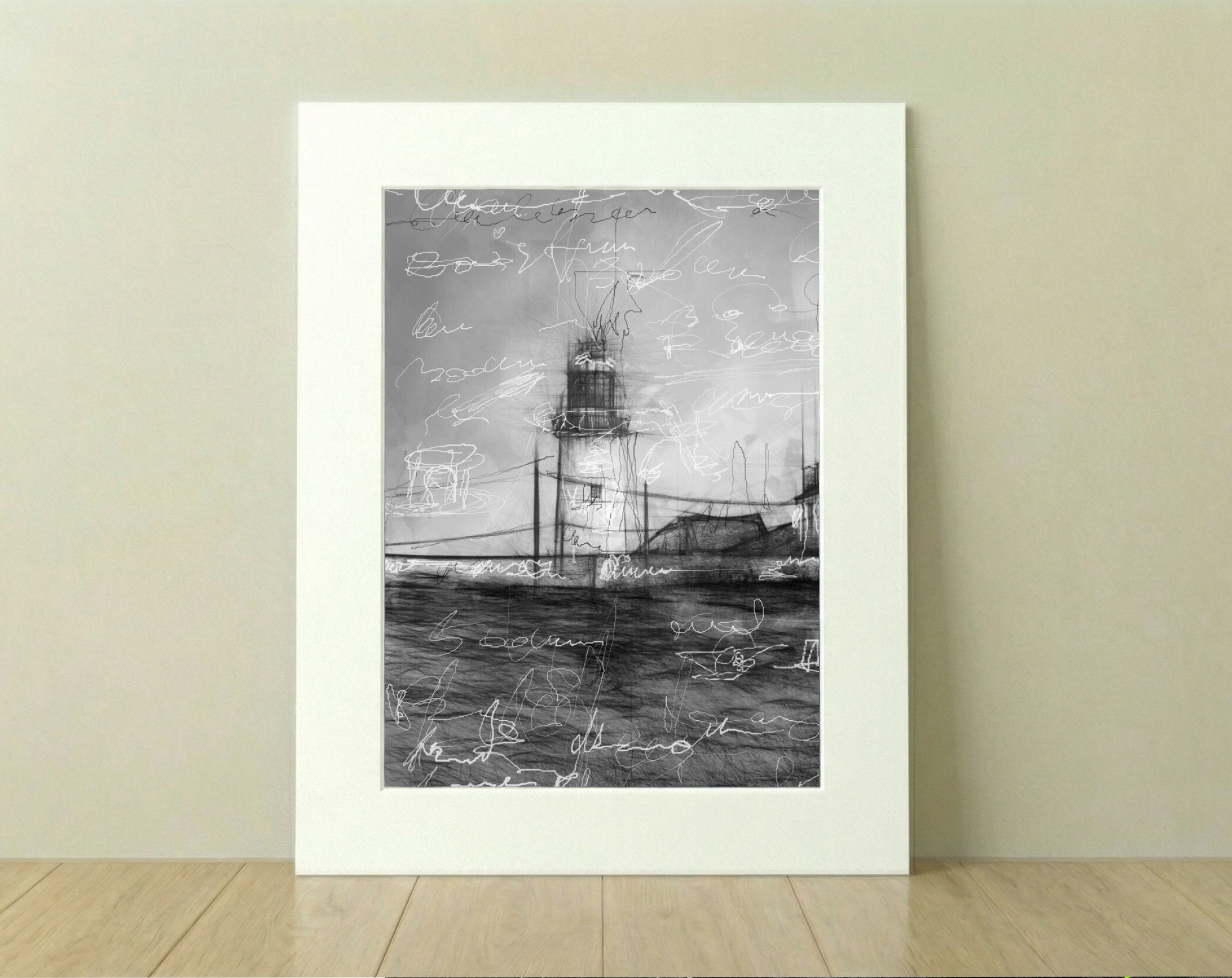 Black and White Lighthouse Digital Artwork — art on the wall, room interior preview 1
