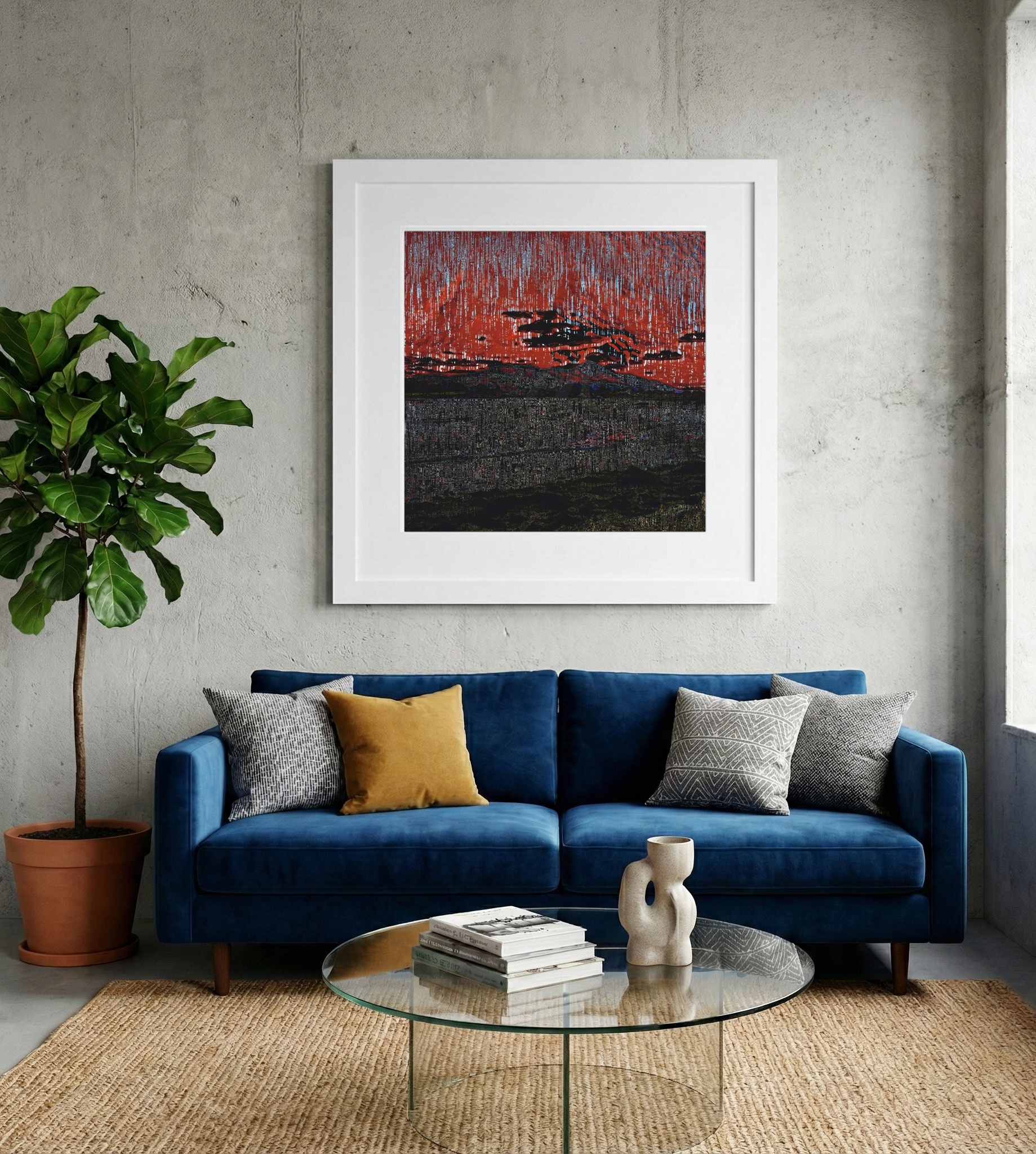 Crimson and Steel Digital Mountain Landscape — art on the wall, room interior preview 2