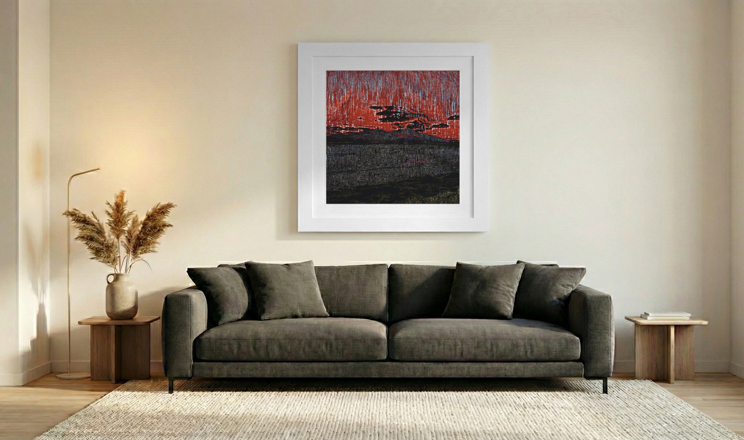 Crimson and Steel Digital Mountain Landscape — art on the wall, room interior preview 3
