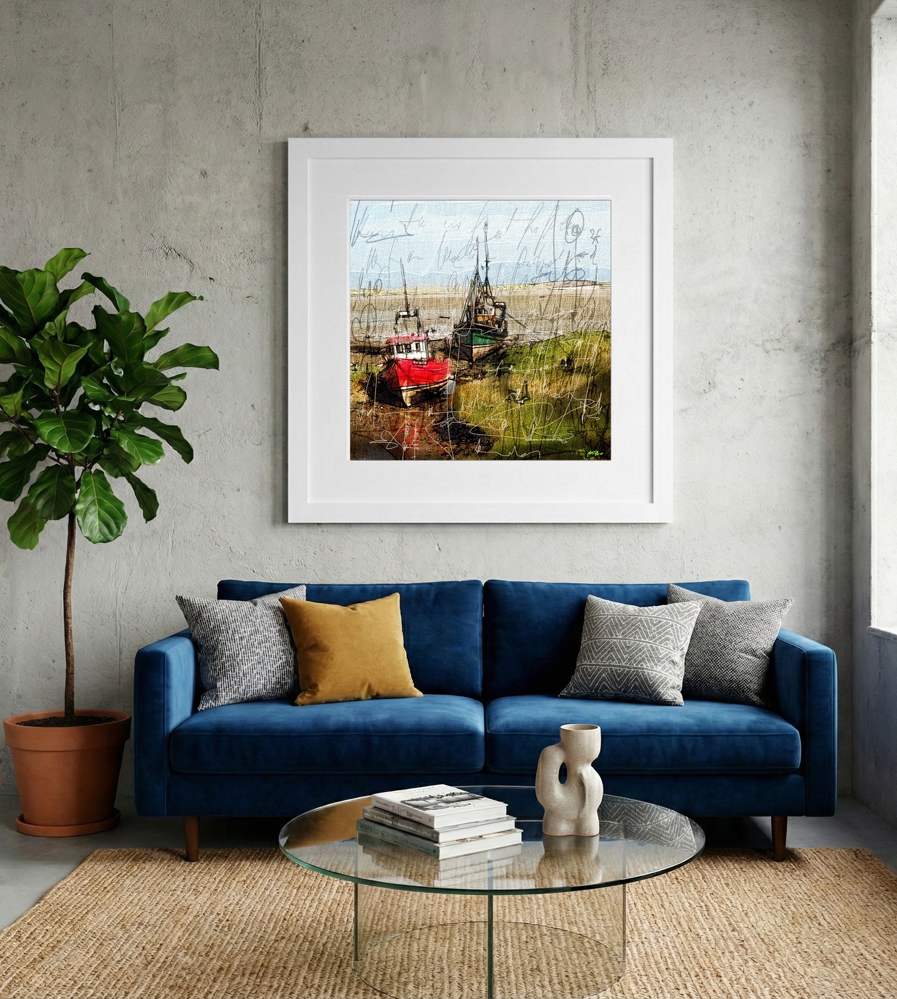Whimsical Colorful Fishing Boats in Digital Art — art on the wall, room interior preview 2