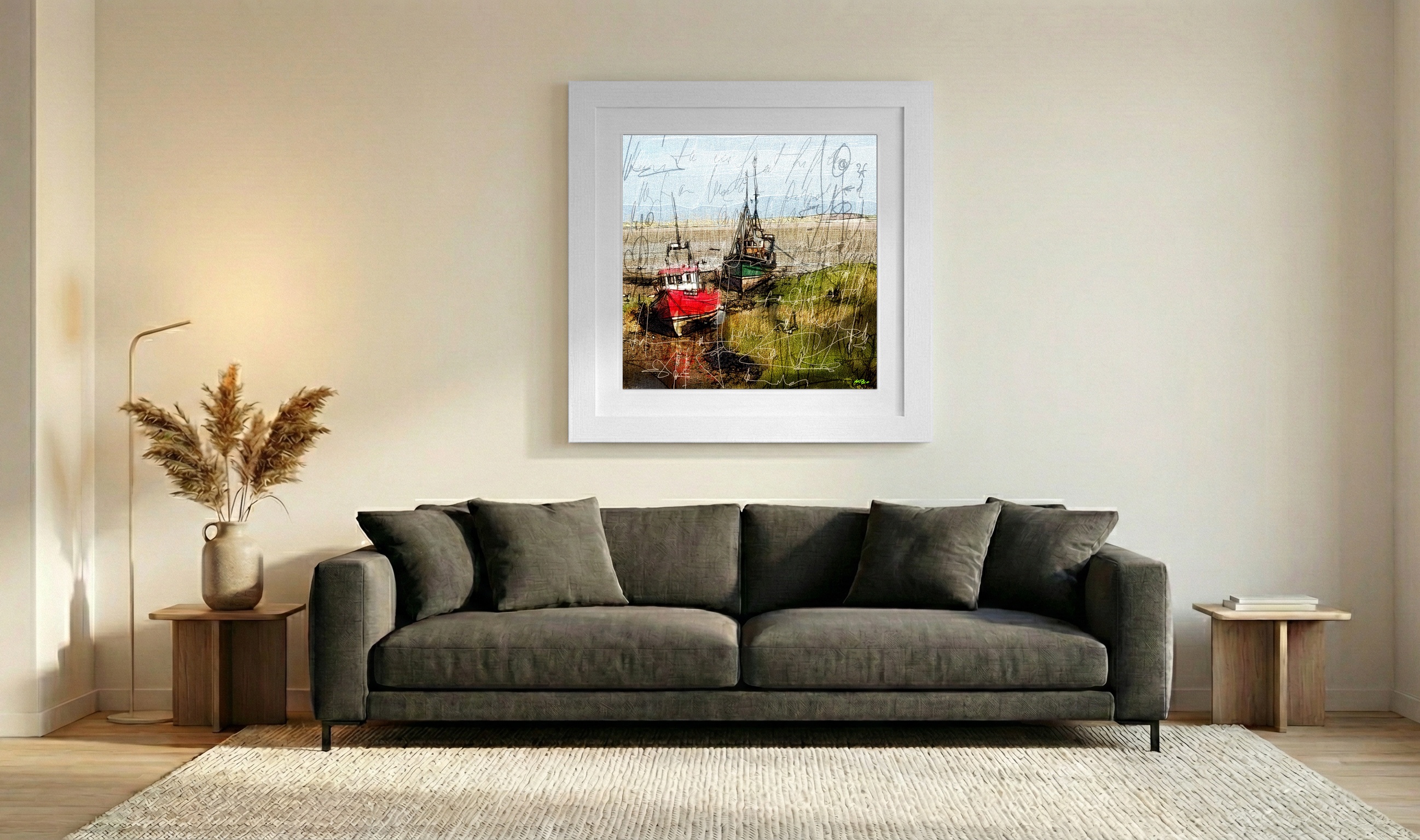 Whimsical Colorful Fishing Boats in Digital Art — art on the wall, room interior preview 3