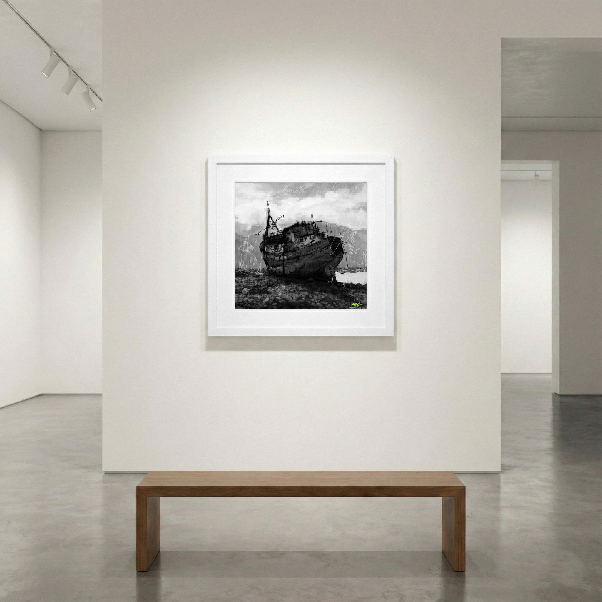 Ethereal Black and White Ship on Rocky Shores — art on the wall, room interior preview 1