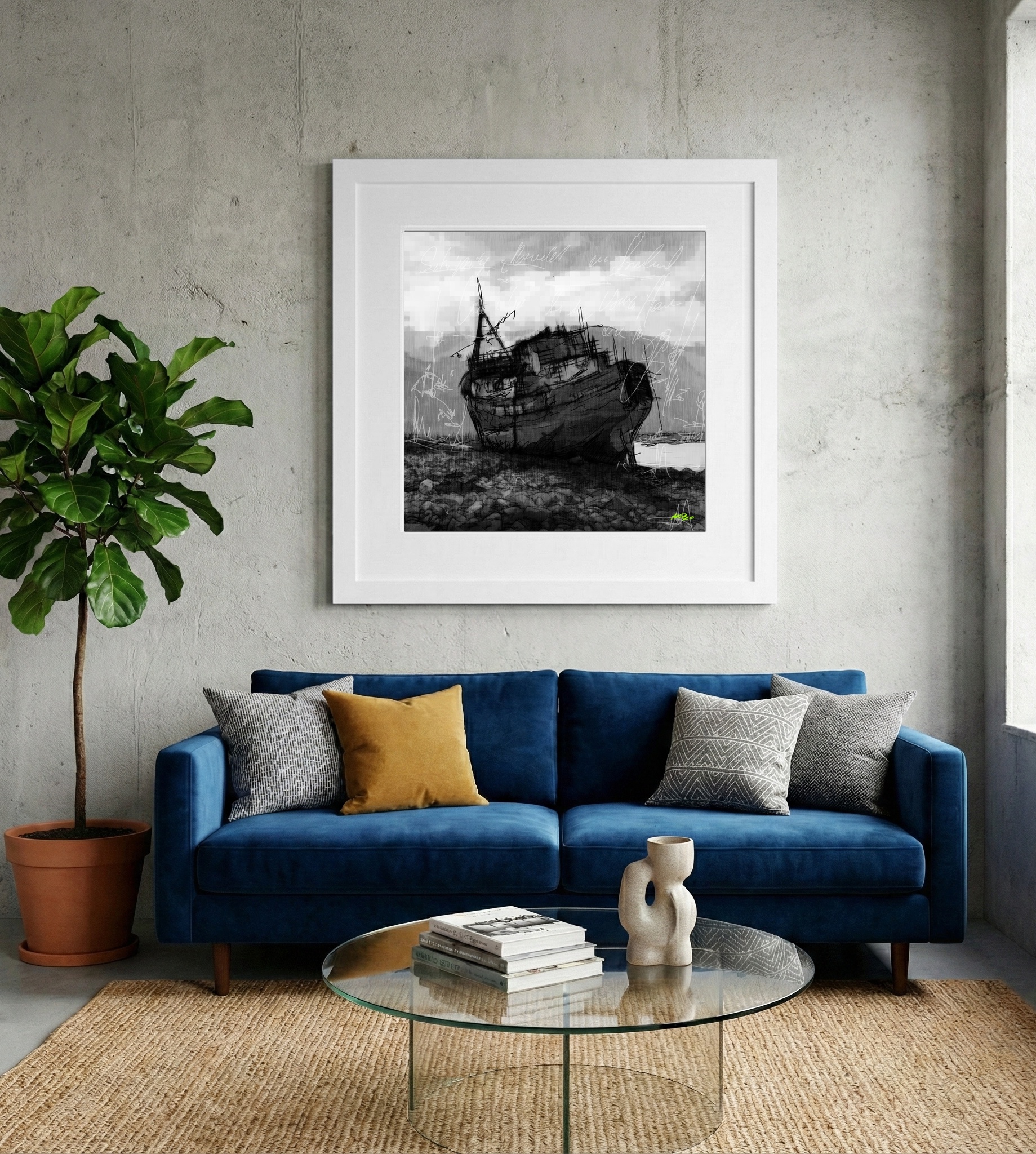 Ethereal Black and White Ship on Rocky Shores — art on the wall, room interior preview 2