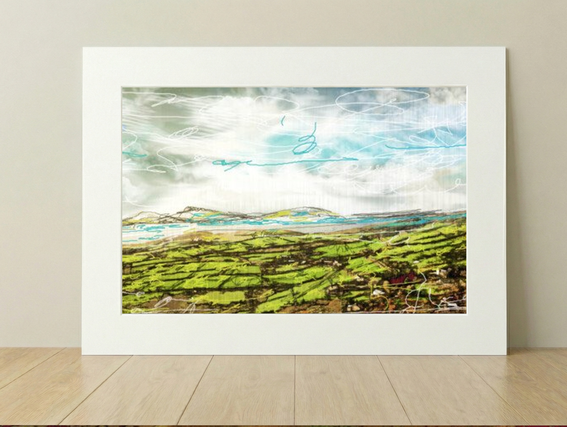 Serene Greens in Digital Fields — art on the wall, room interior preview 1