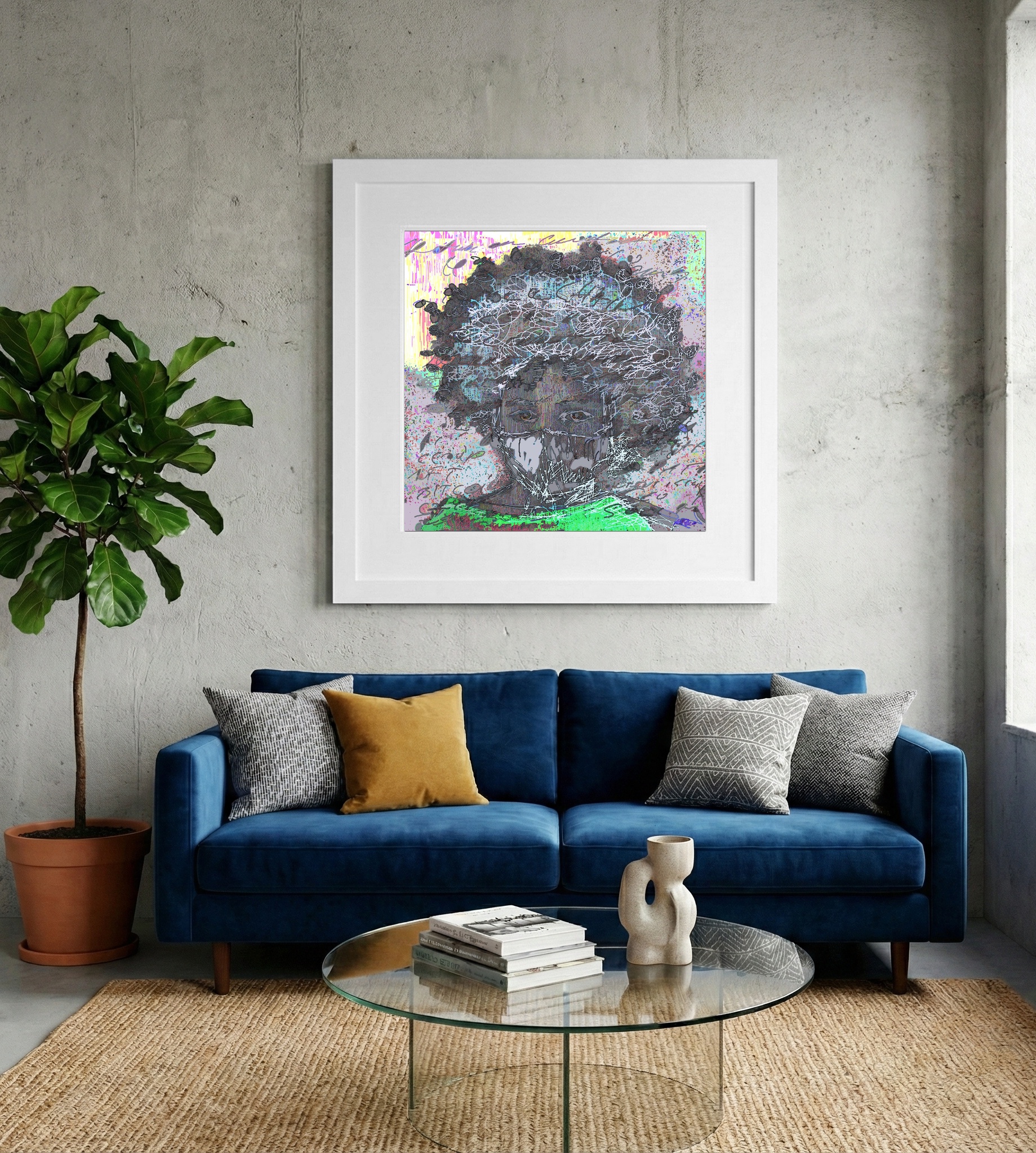 Masked Resilience in Gray and Green — art on the wall, room interior preview 2