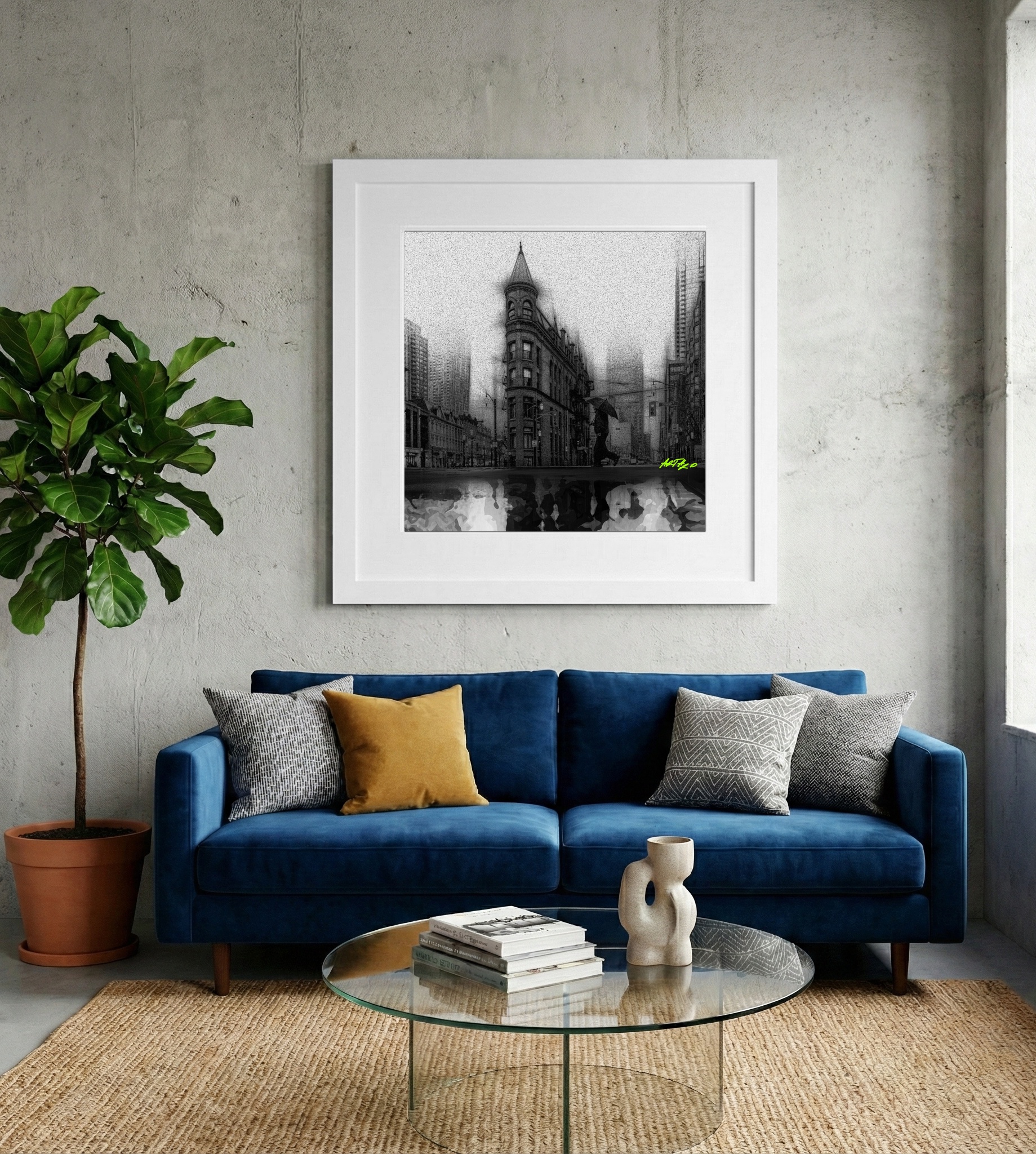 Black and White Urban Digital Scene — art on the wall, room interior preview 2