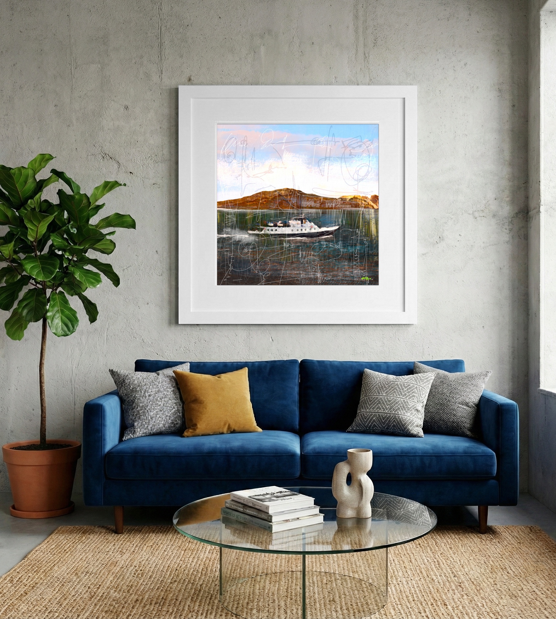 Cerulean Waves with Sailing Boat Digital Art — art on the wall, room interior preview 2