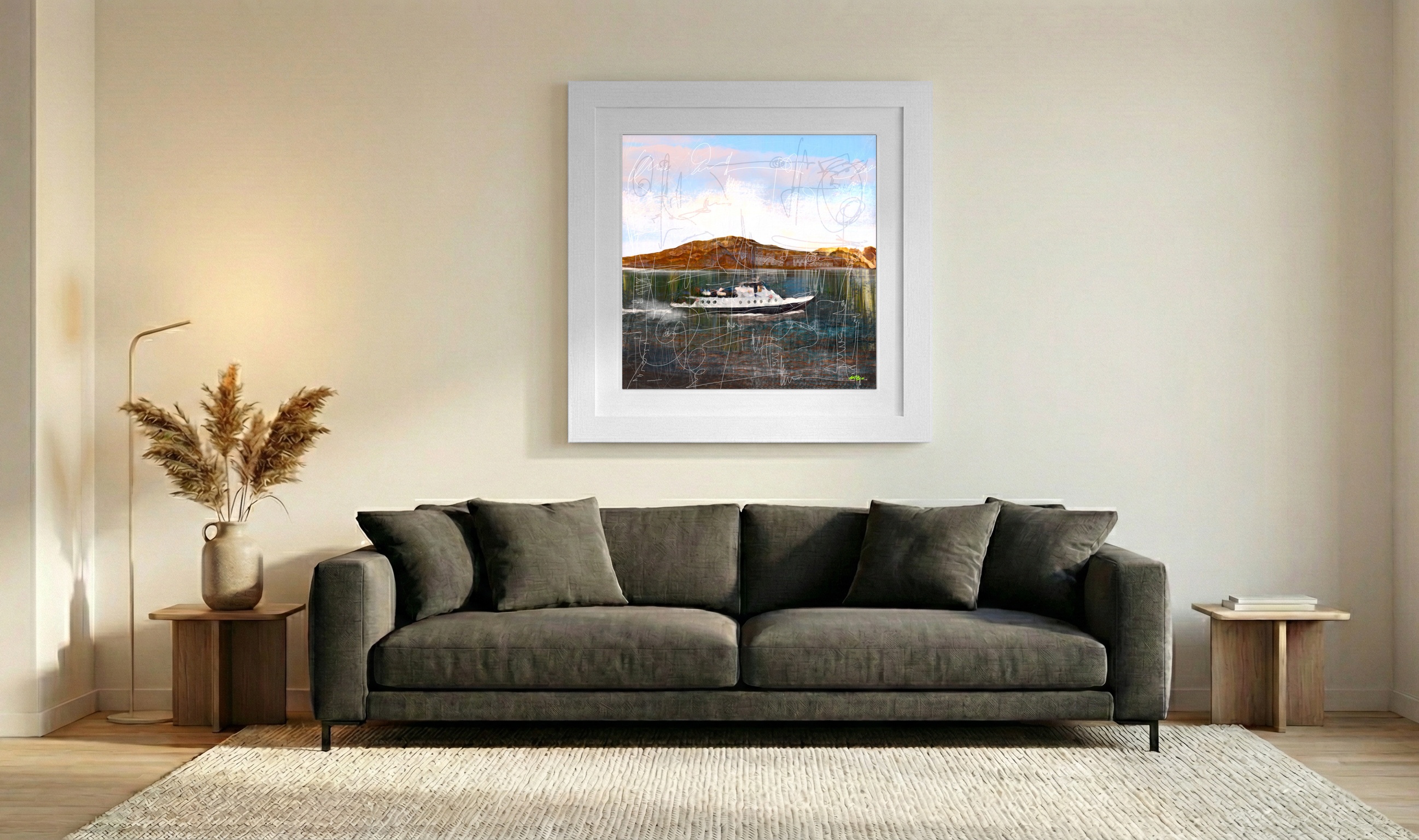 Cerulean Waves with Sailing Boat Digital Art — art on the wall, room interior preview 3