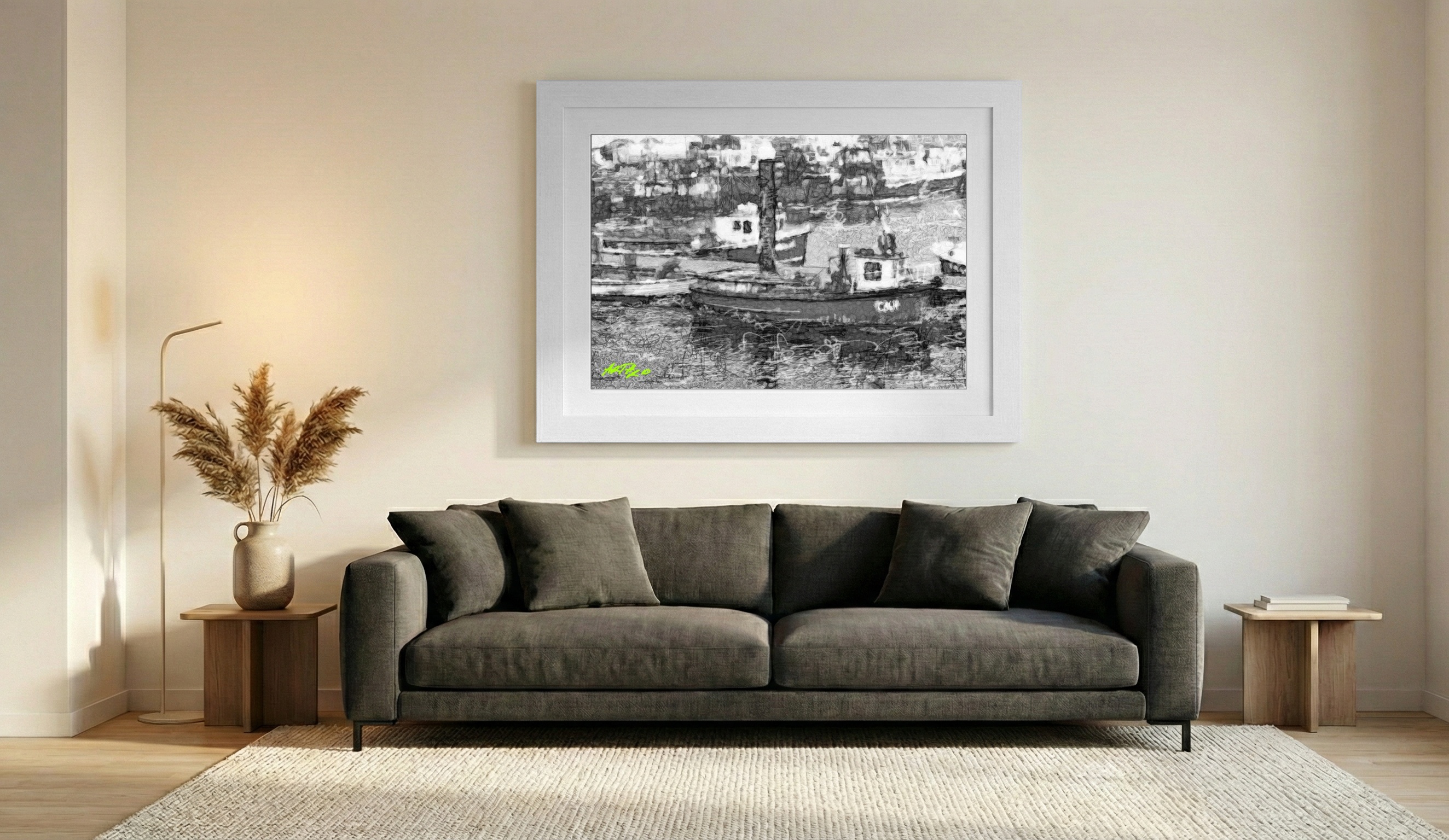 Monochrome Harbor Study in Digital — art on the wall, room interior preview 1