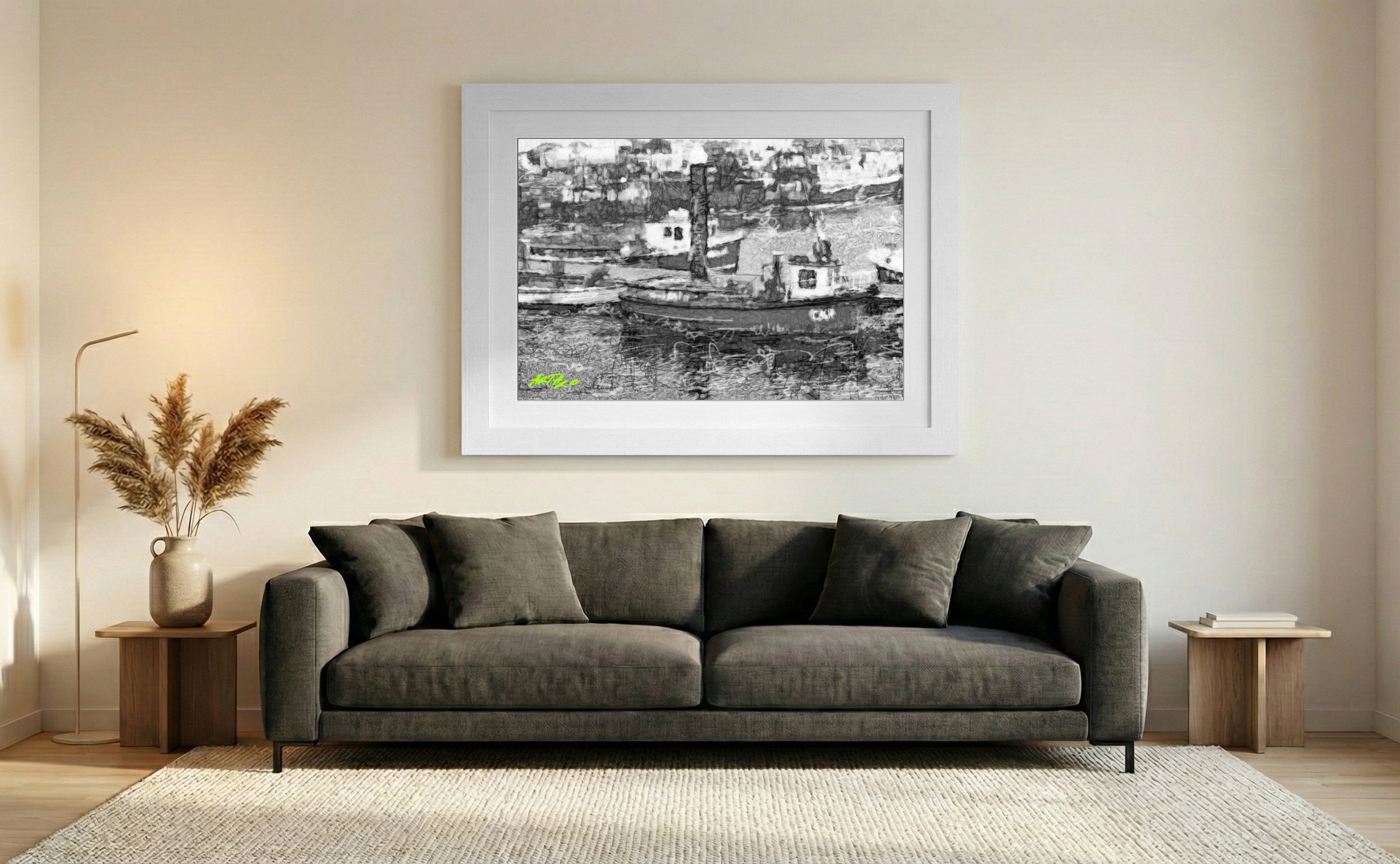 Monochrome Harbor Study in Digital — art on the wall, room interior preview 2