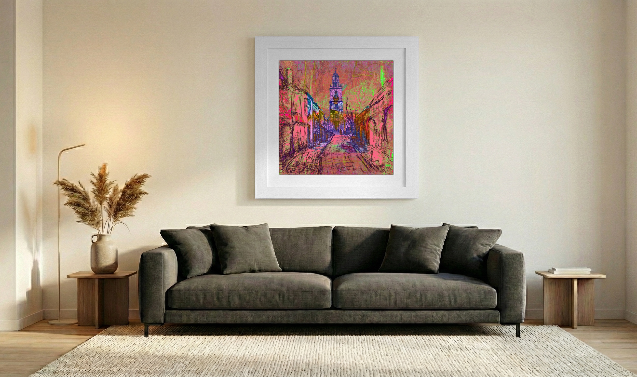 Magenta and Cerulean Cork Church Scene — art on the wall, room interior preview 3