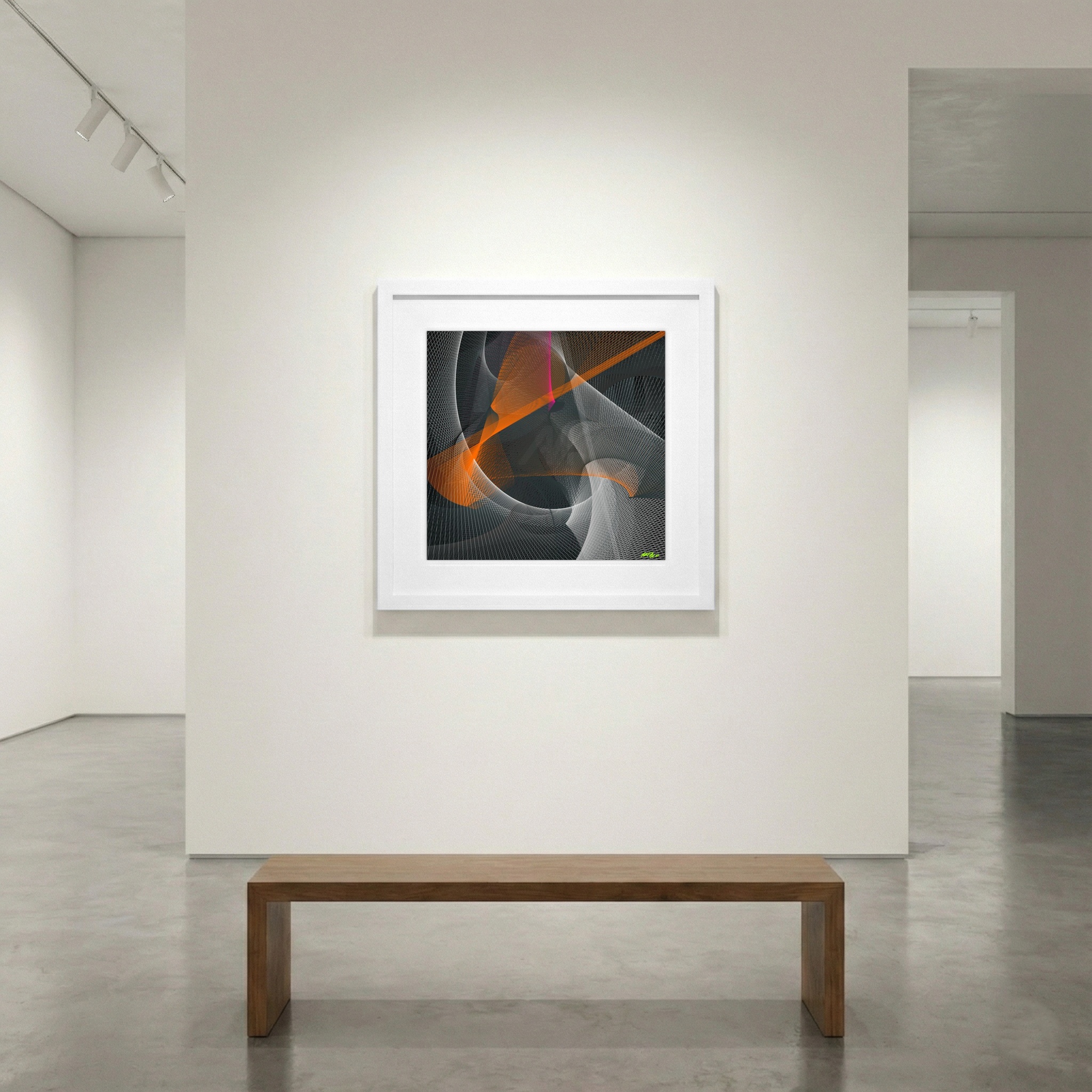 Abstract Orange Line Weave on Charcoal — art on the wall, room interior preview 1