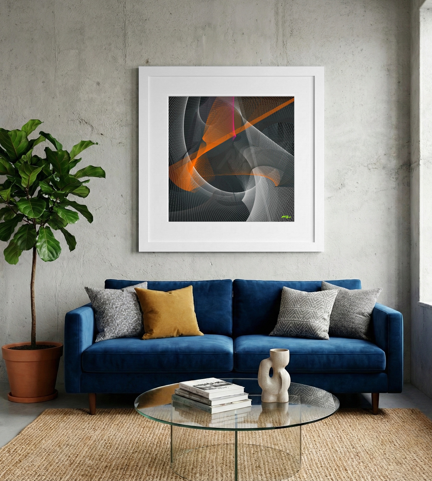 Abstract Orange Line Weave on Charcoal — art on the wall, room interior preview 2