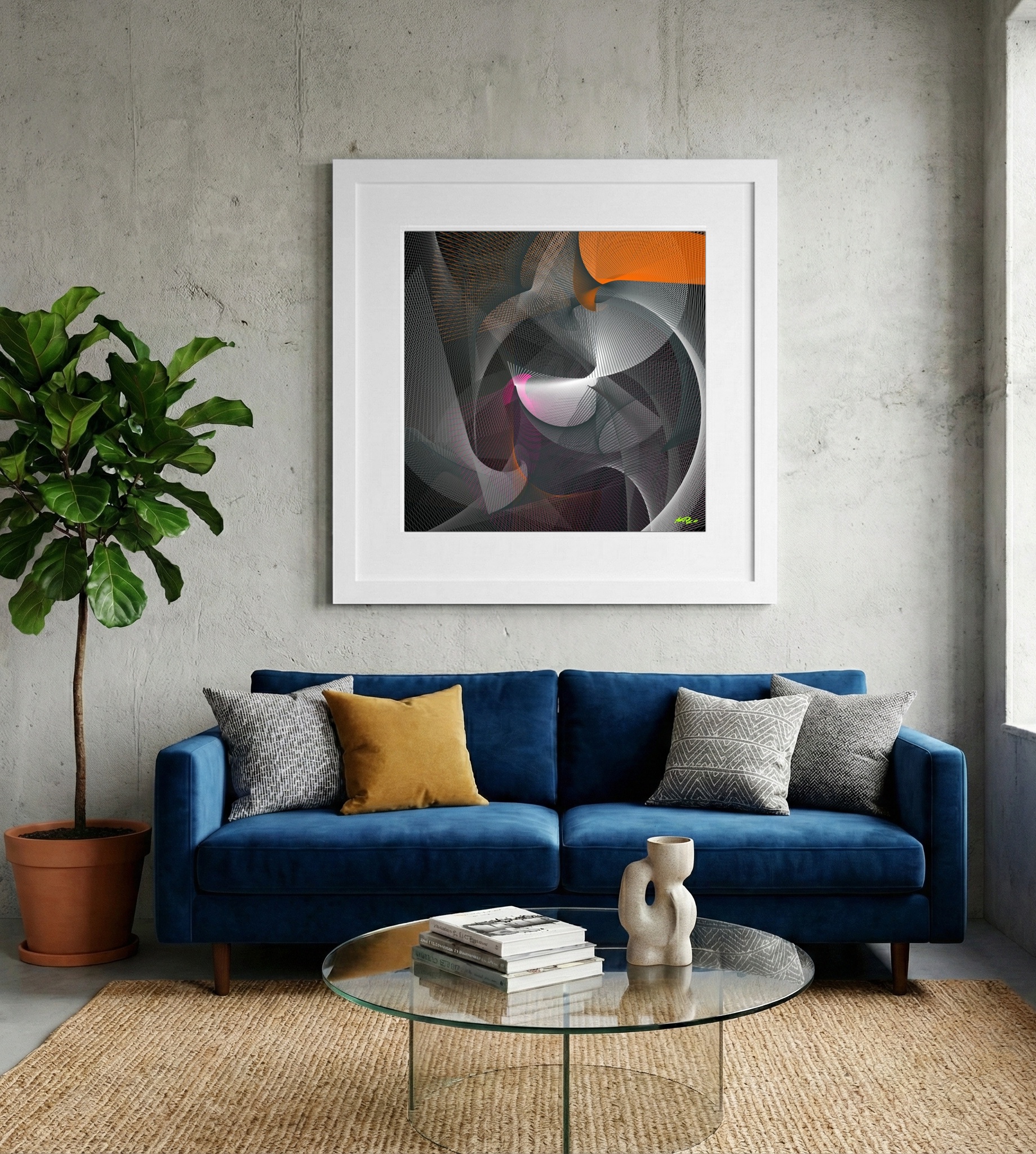 Charcoal and Magenta Line Art — art on the wall, room interior preview 2
