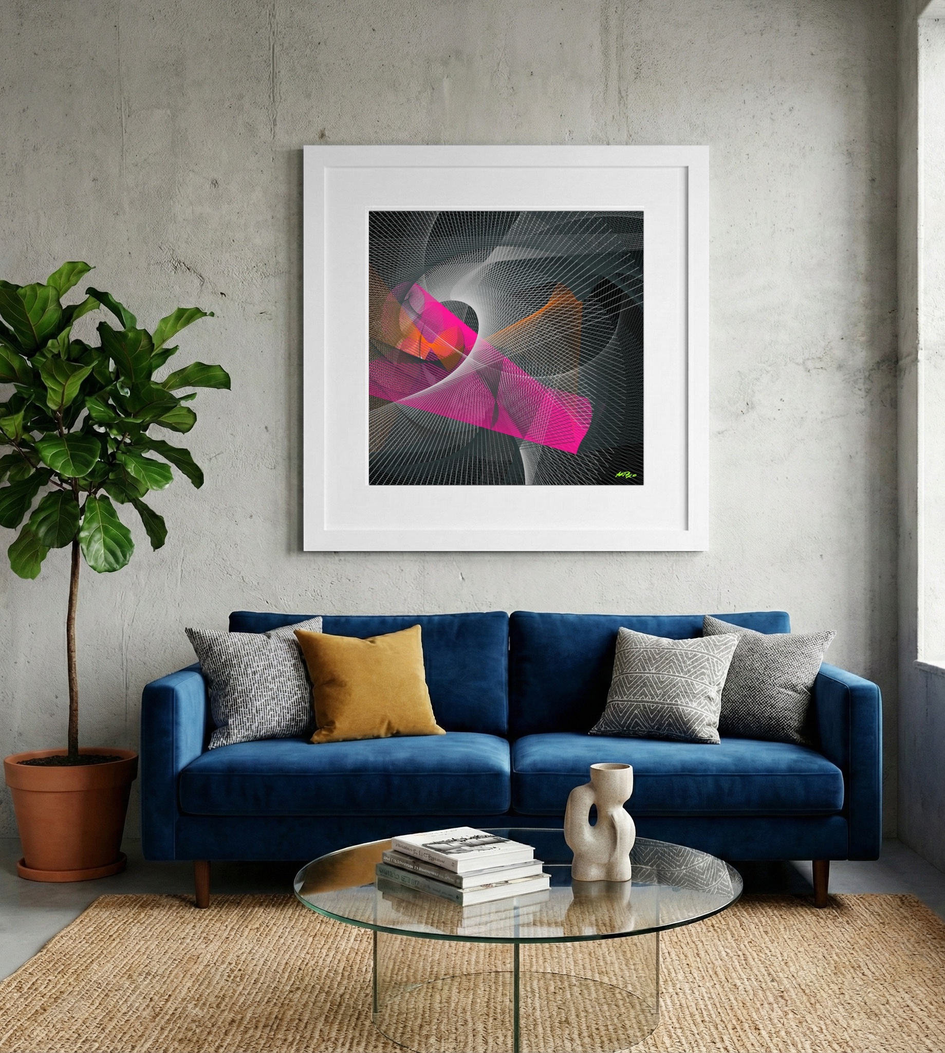 Magenta and Charcoal Line Art — art on the wall, room interior preview 2