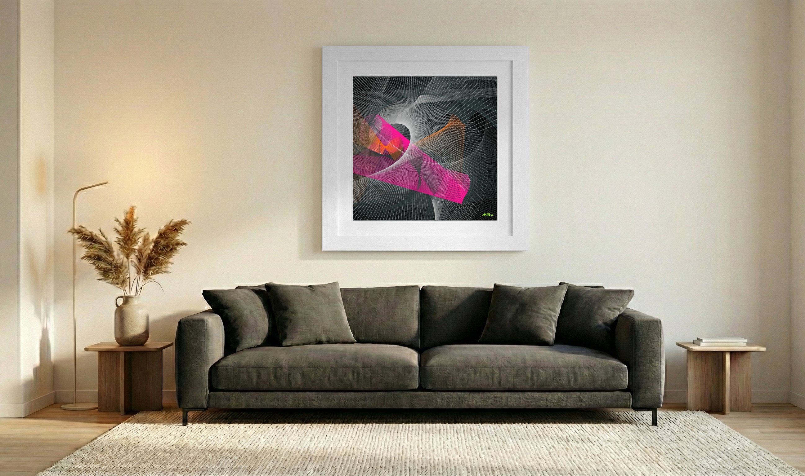 Magenta and Charcoal Line Art — art on the wall, room interior preview 3
