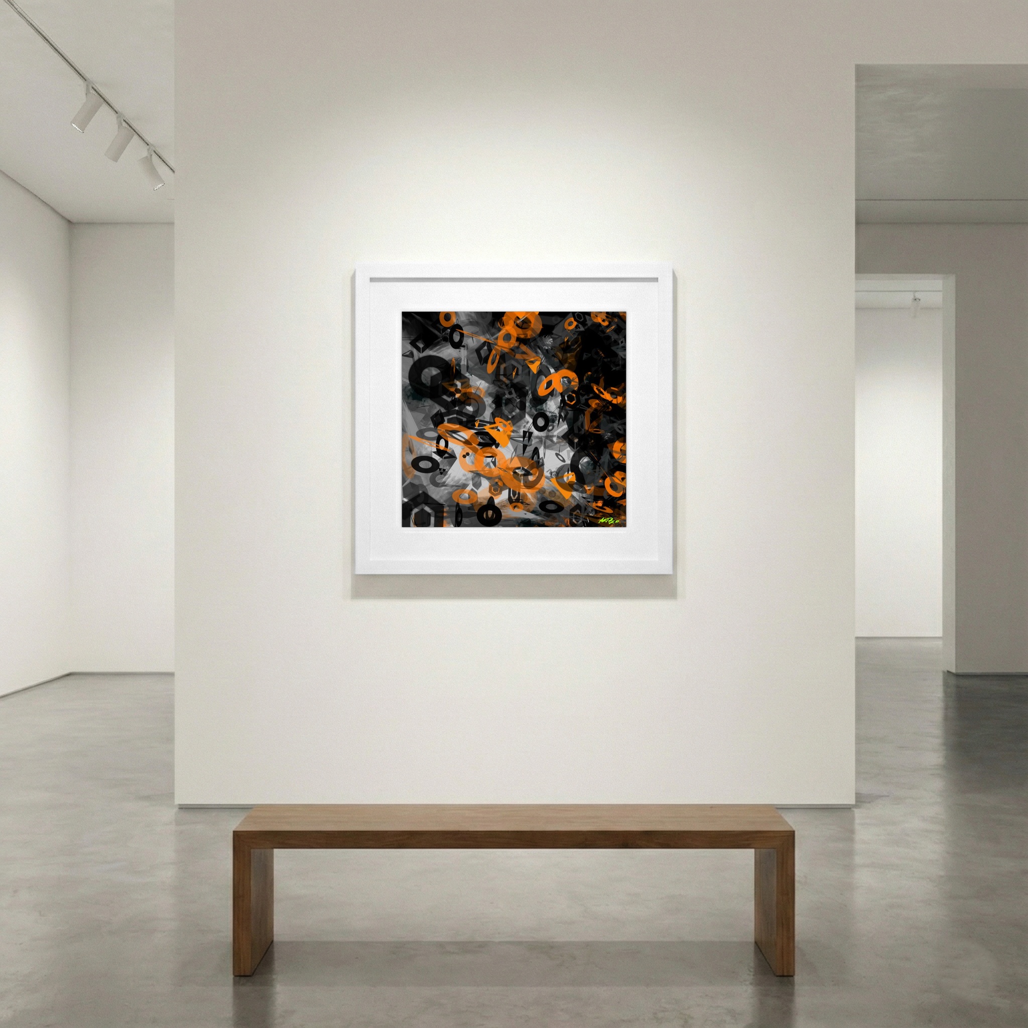 Charcoal and Tangerine Generative Composition — art on the wall, room interior preview 1