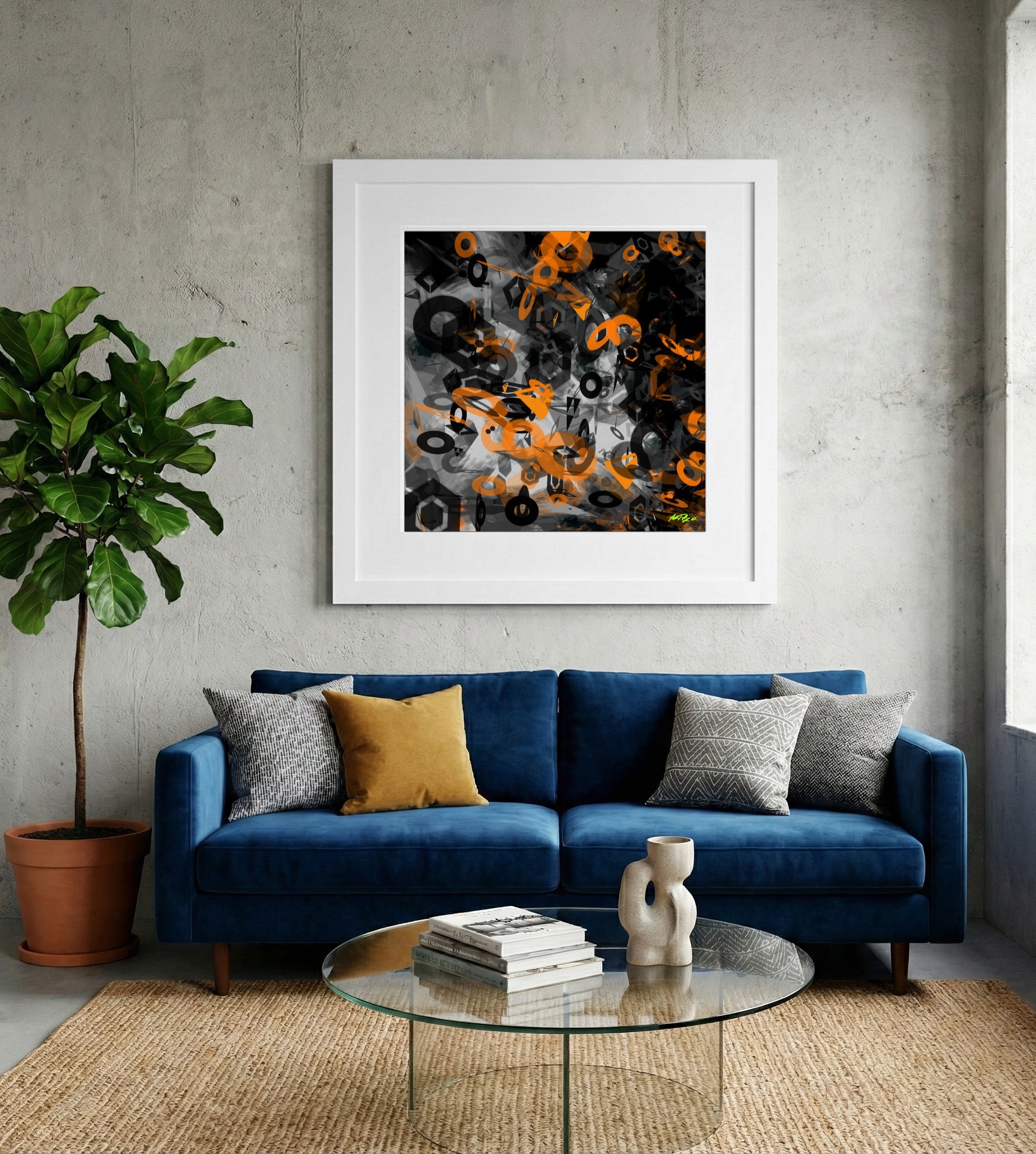 Charcoal and Tangerine Generative Composition — art on the wall, room interior preview 2