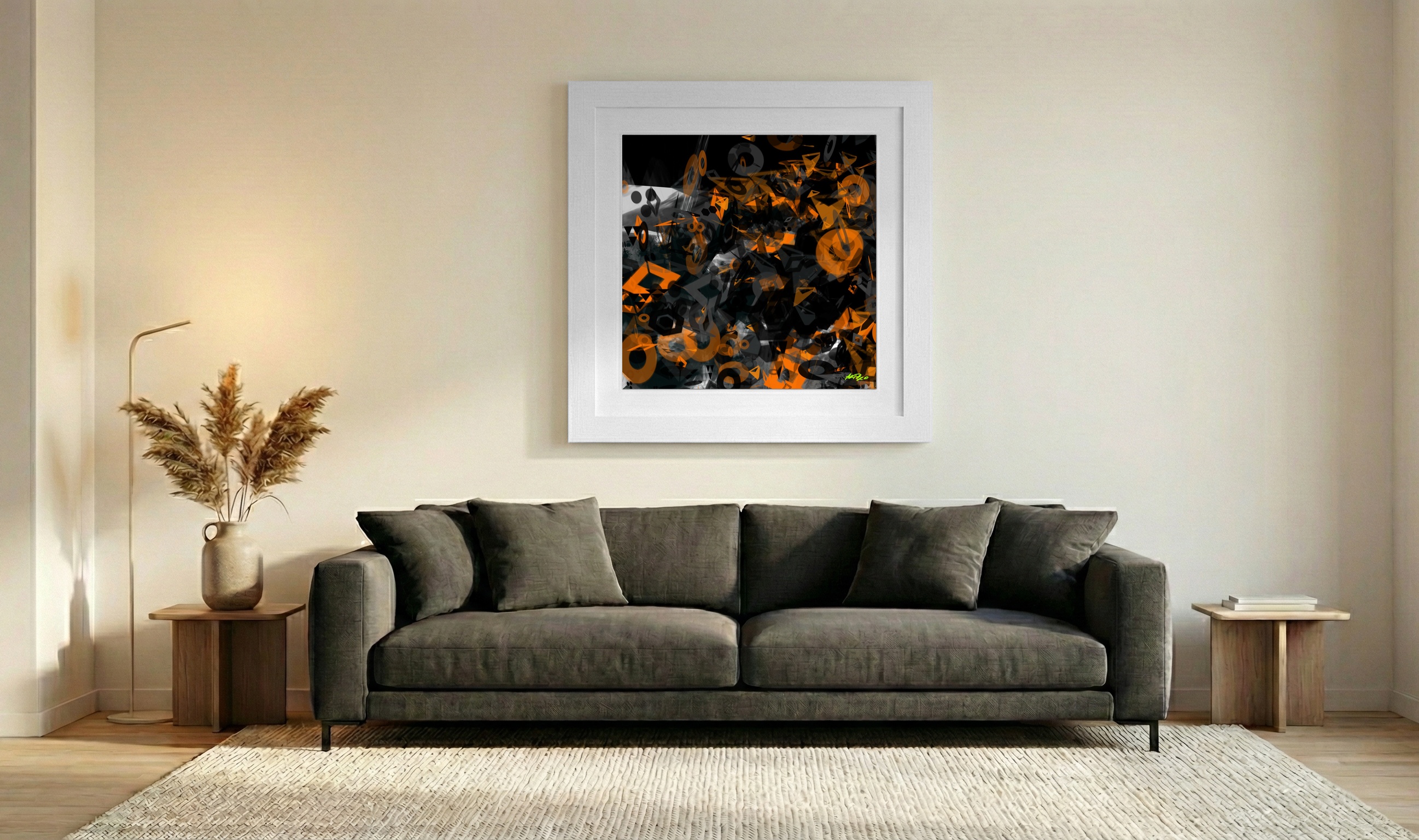 Dynamic Tangerine Geometric Digital Art — art on the wall, room interior preview 3