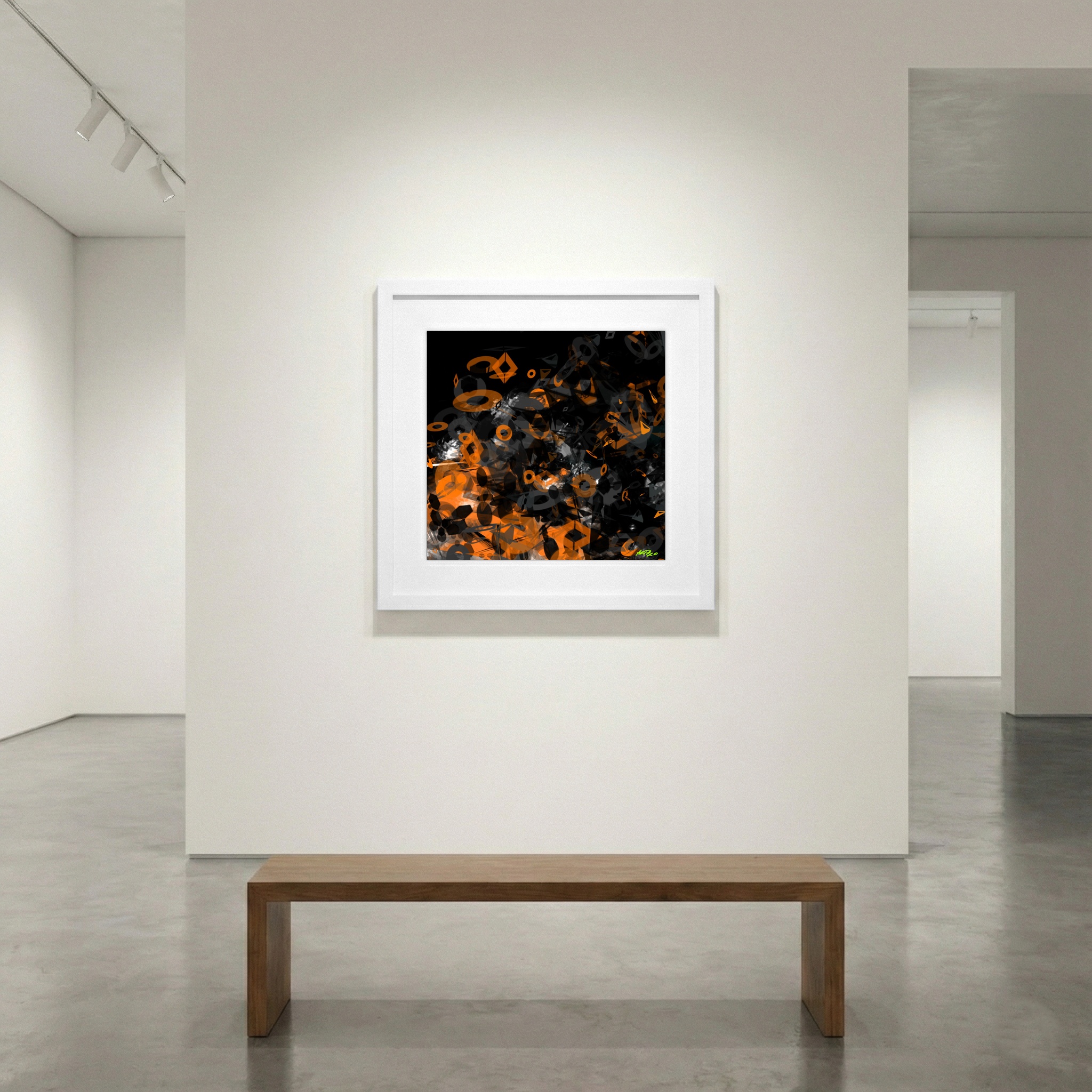 Amber-Orange on Charcoal Abstract Digital Art — art on the wall, room interior preview 1