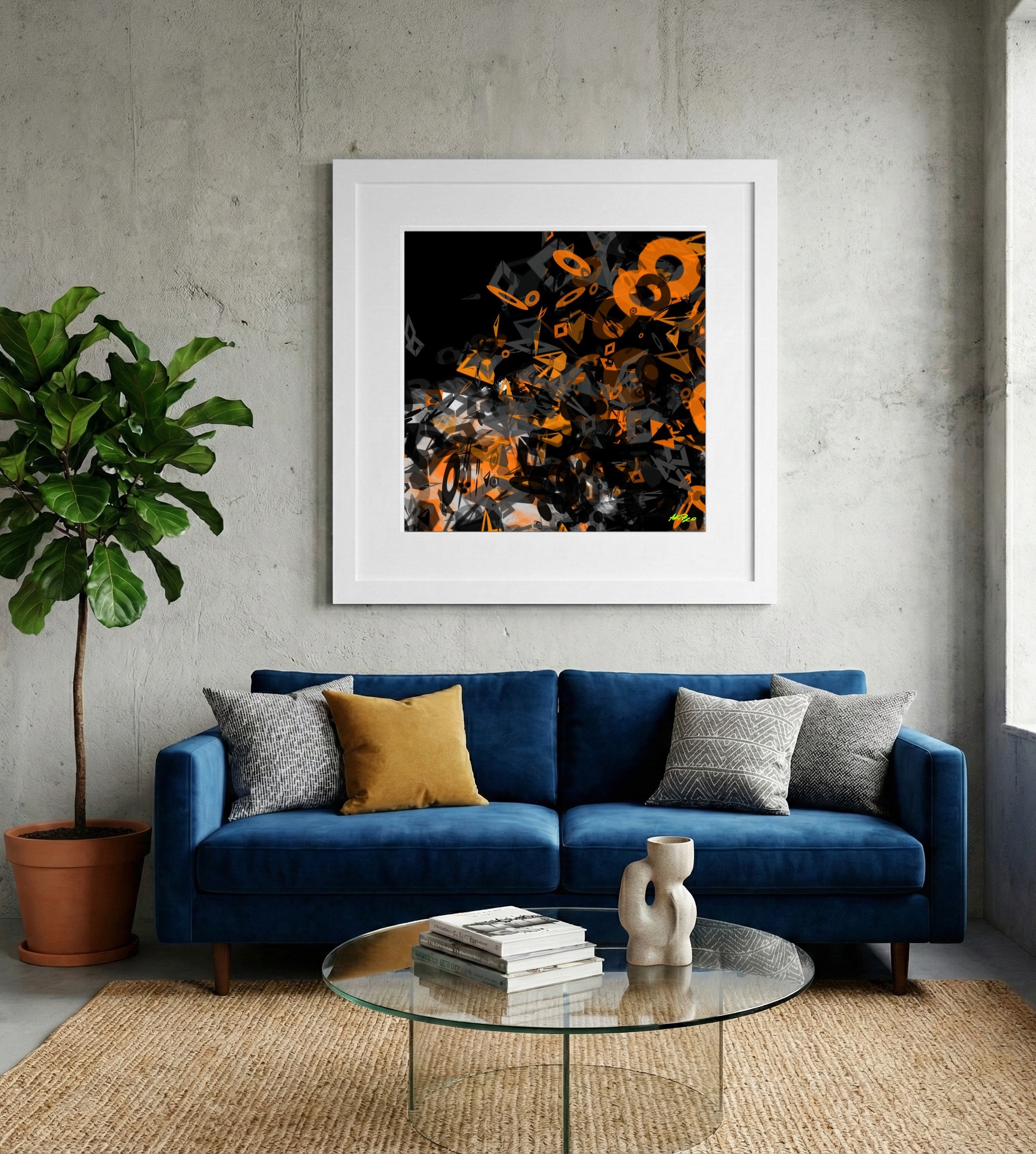Tangerine and Charcoal Generative Shapes — art on the wall, room interior preview 2