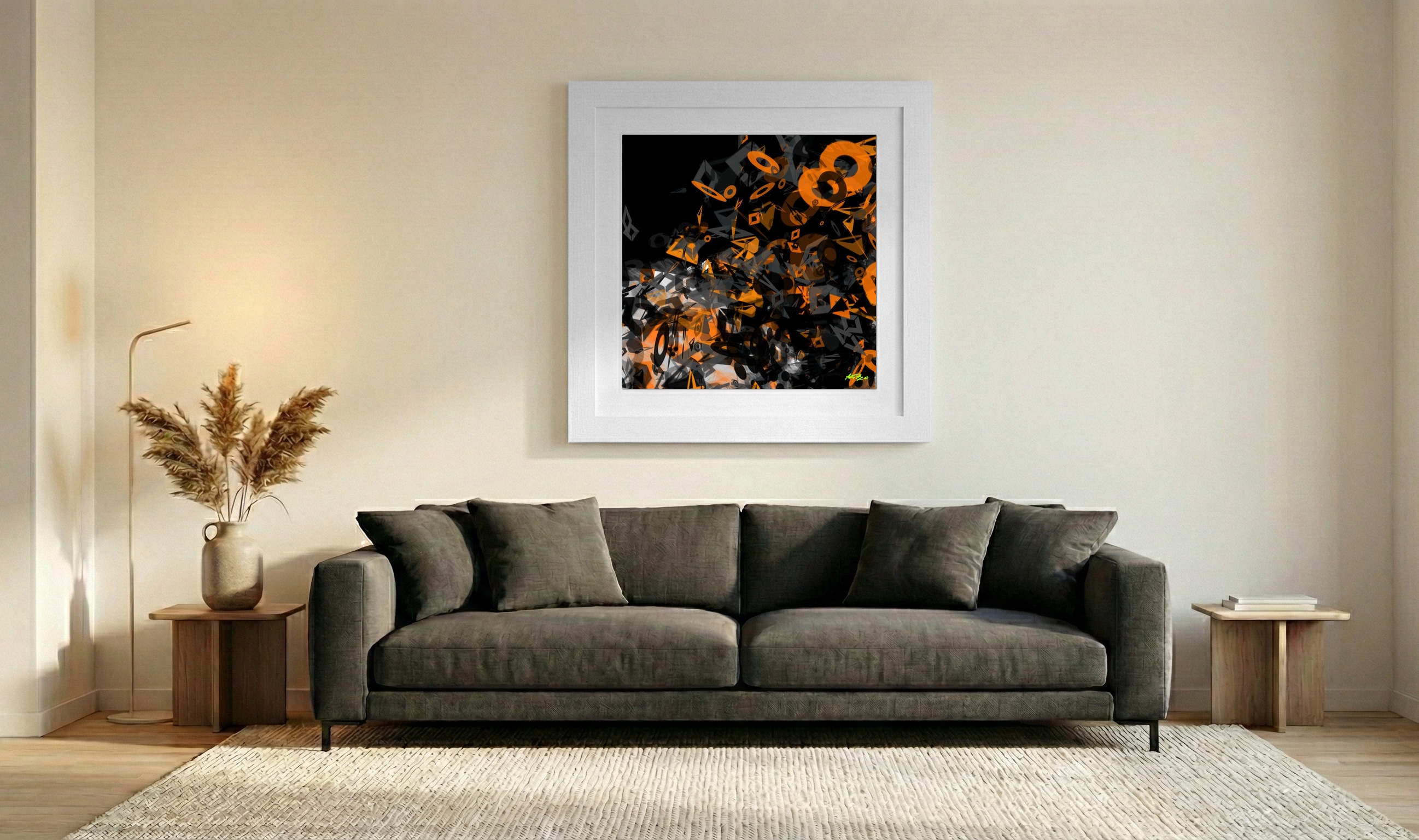 Tangerine and Charcoal Generative Shapes — art on the wall, room interior preview 3