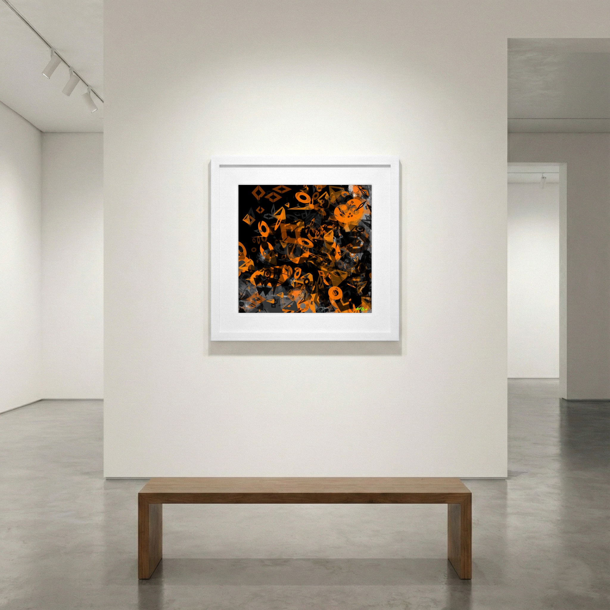 Charcoal and Tangerine Digital Abstraction — art on the wall, room interior preview 1