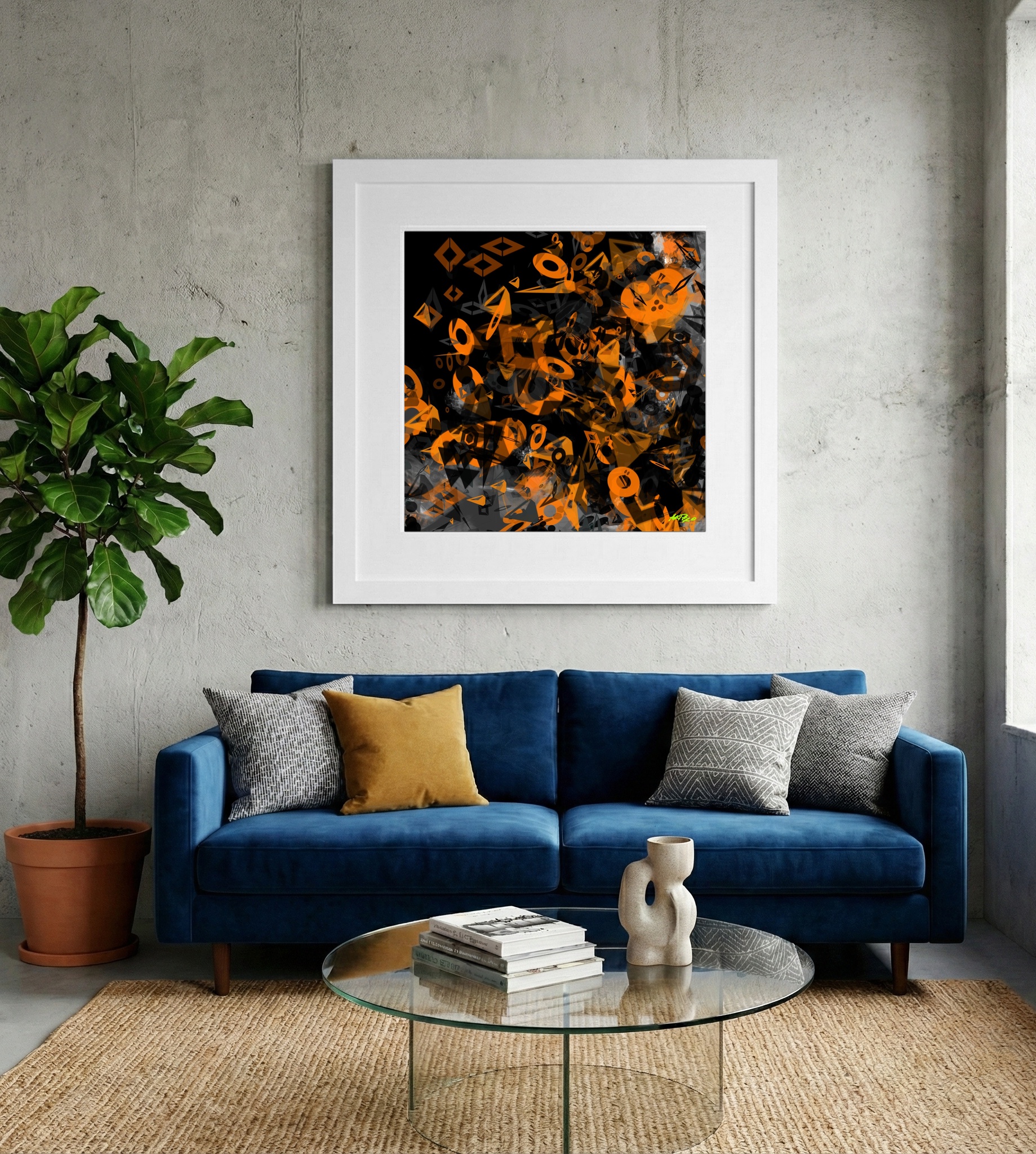 Charcoal and Tangerine Digital Abstraction — art on the wall, room interior preview 2
