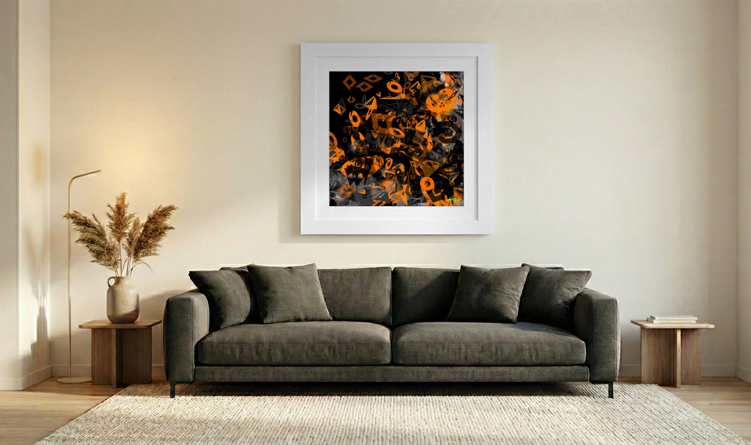 Charcoal and Tangerine Digital Abstraction — art on the wall, room interior preview 3