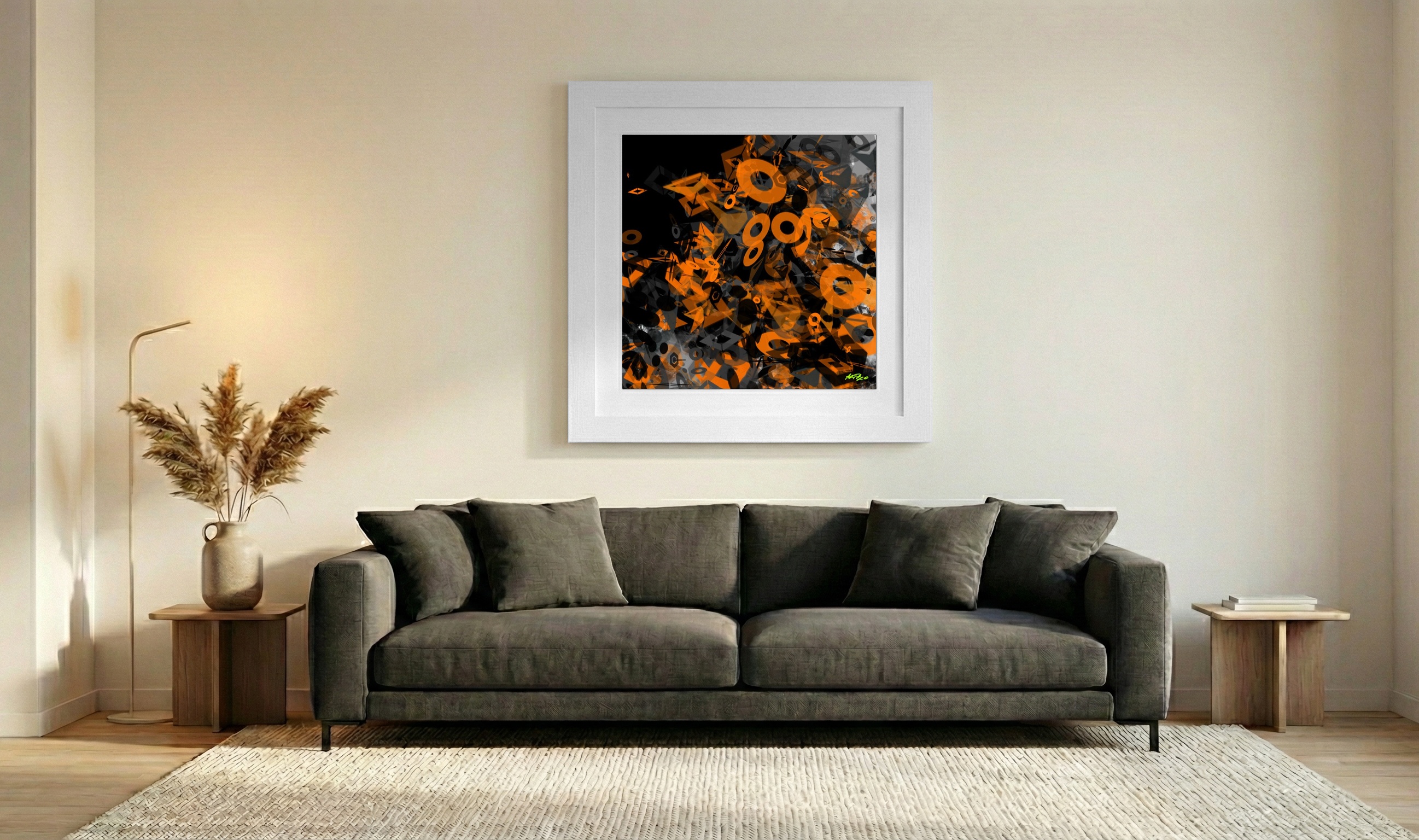 Dynamic Orange and Charcoal Digital Artwork — art on the wall, room interior preview 3