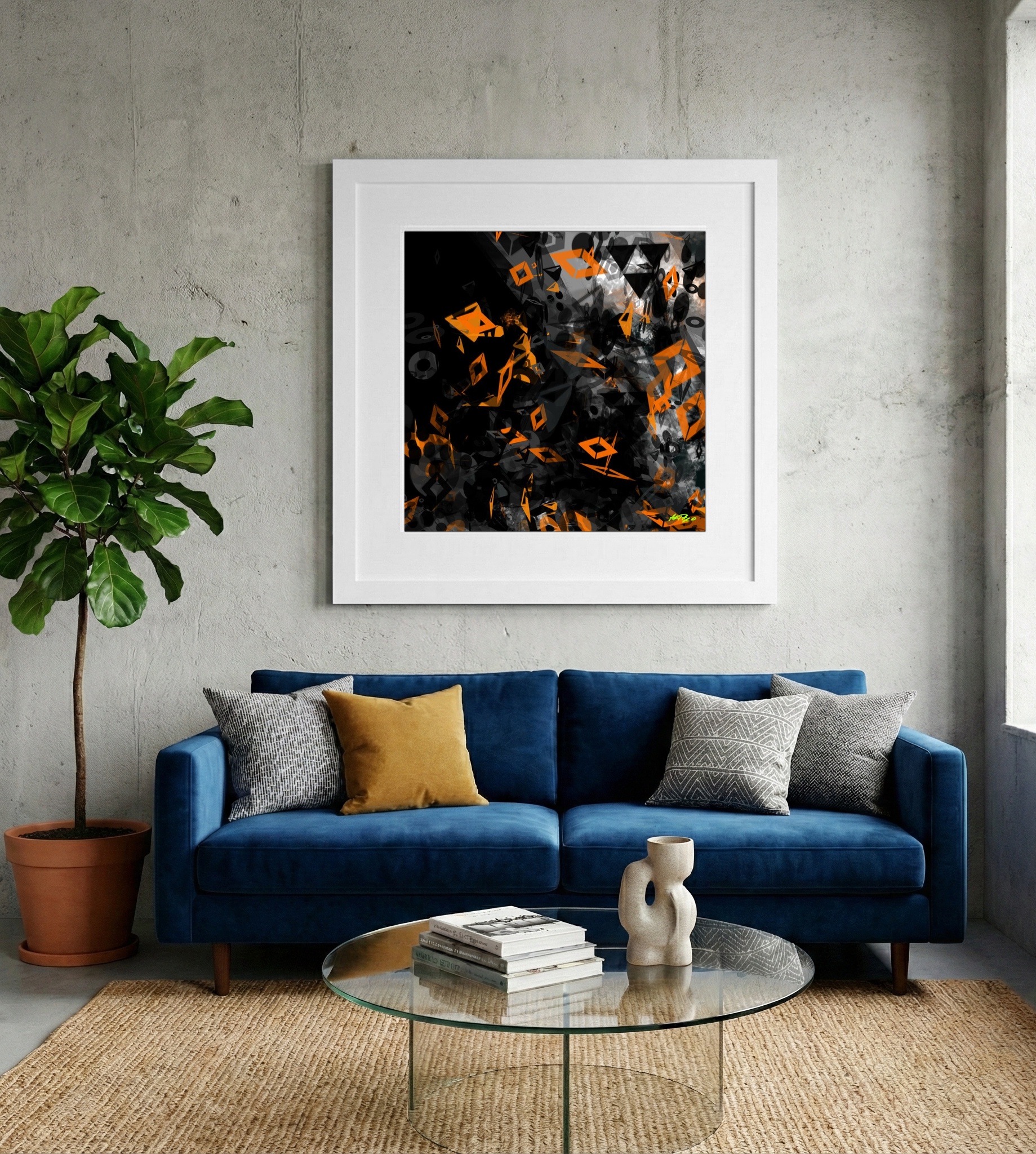 Charcoal and Safety-Orange Geometric Art — art on the wall, room interior preview 2