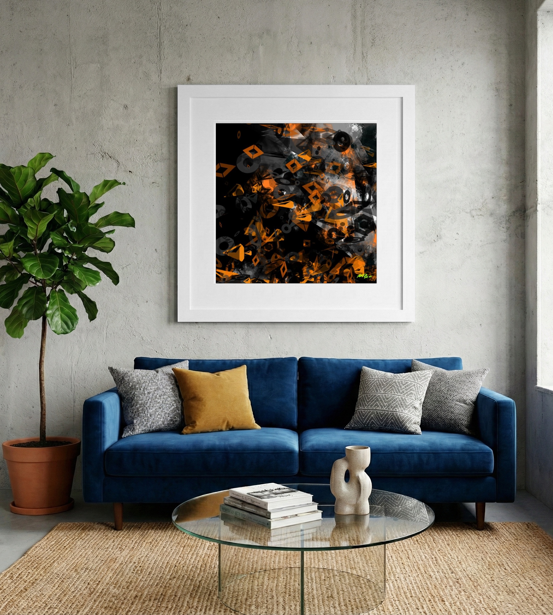 Amber and Charcoal Generative Shapes Artwork — art on the wall, room interior preview 2