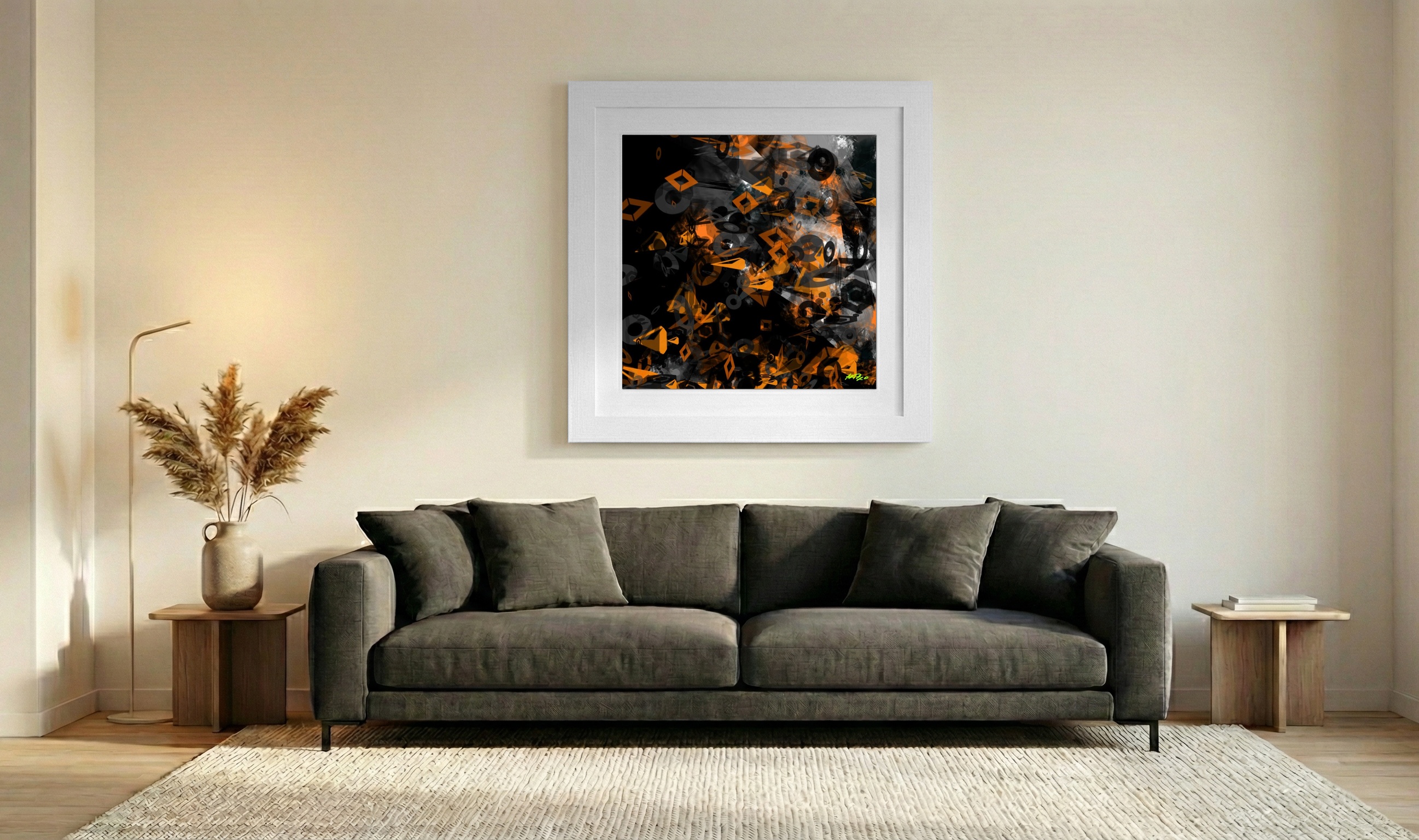 Amber and Charcoal Generative Shapes Artwork — art on the wall, room interior preview 3