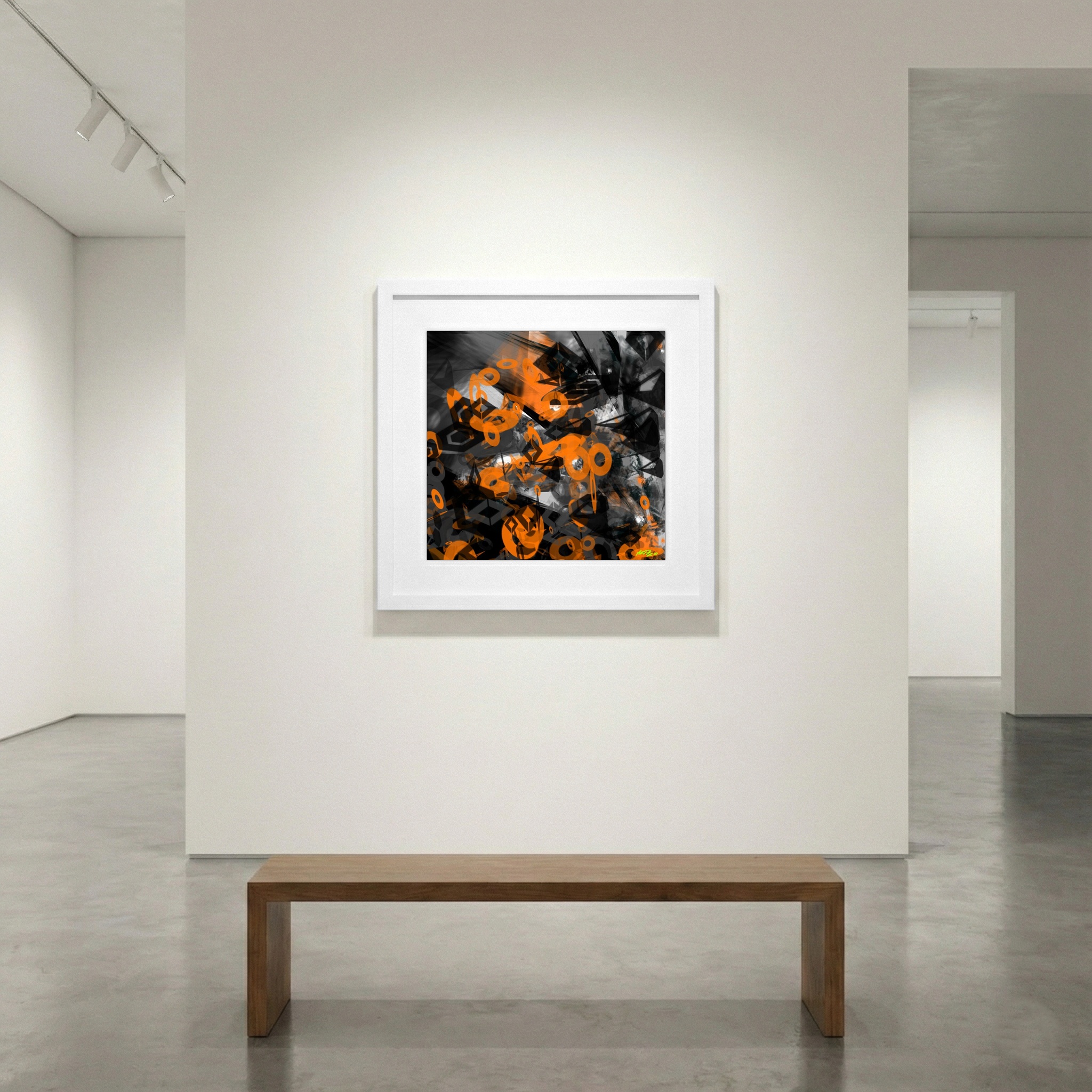 Vivid Orange and Charcoal Digital Composition — art on the wall, room interior preview 1
