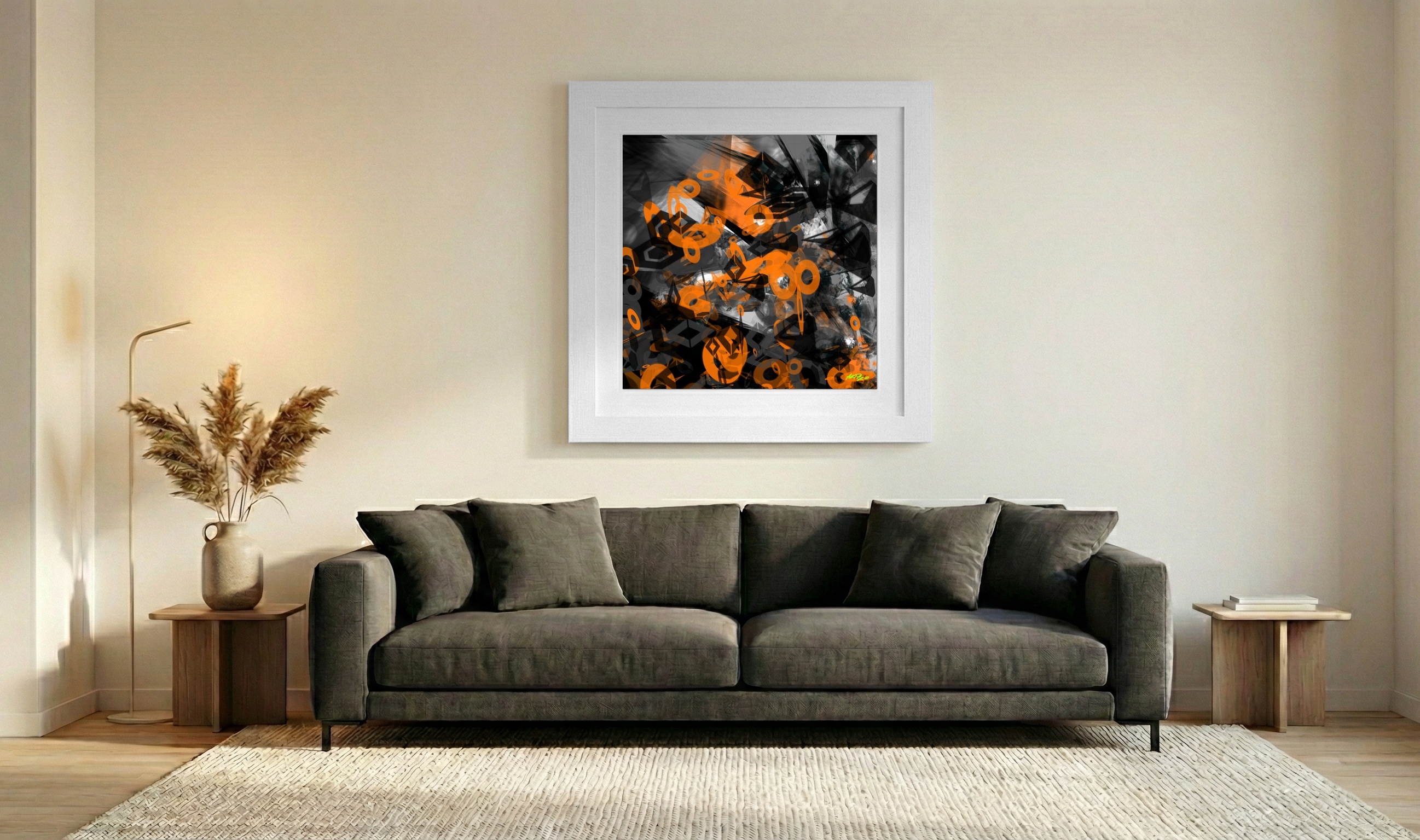 Vivid Orange and Charcoal Digital Composition — art on the wall, room interior preview 3