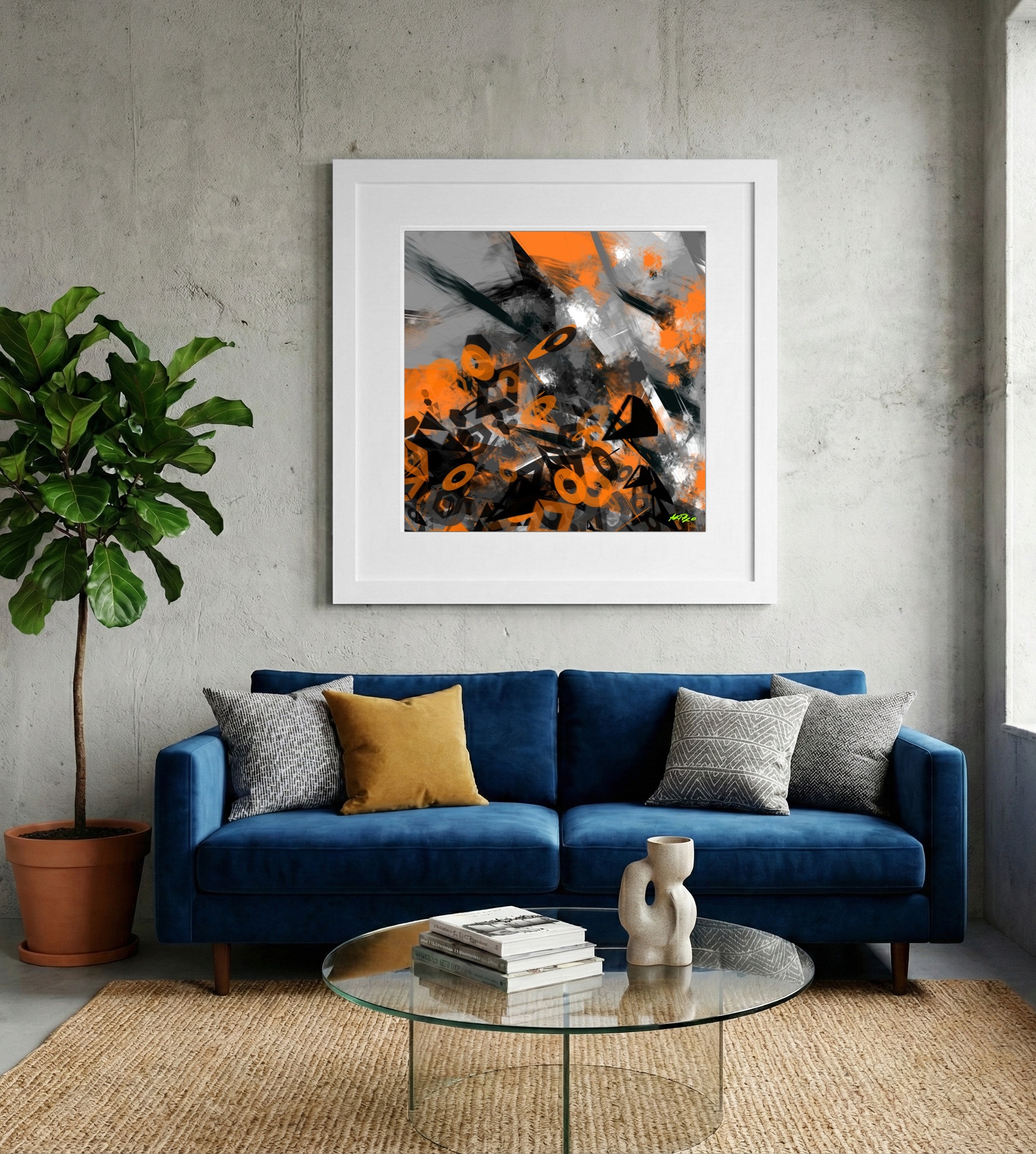 Bright Orange and Slate Gray Digital Design — art on the wall, room interior preview 2