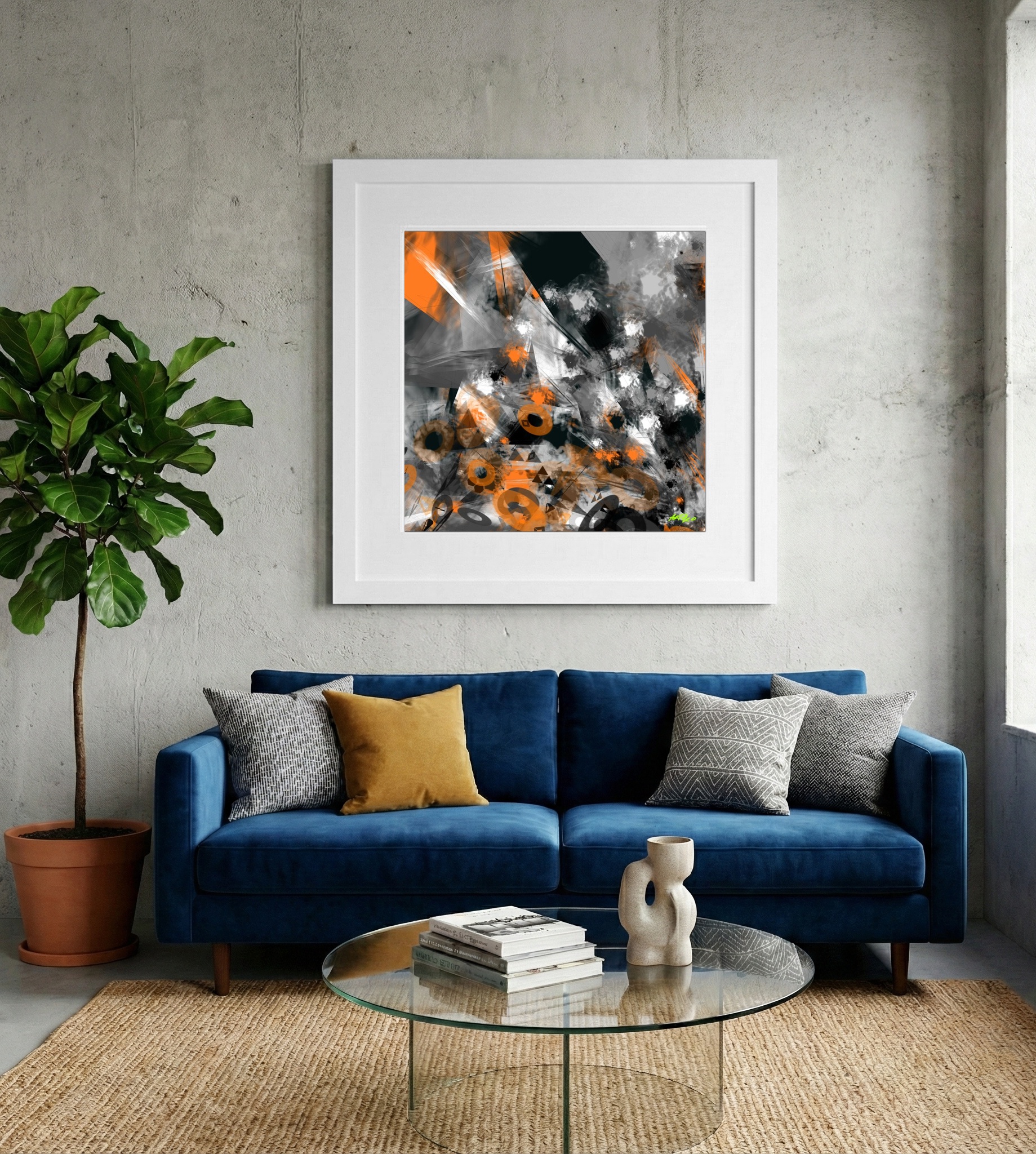Charcoal and Burnt Orange Digital Composition — art on the wall, room interior preview 2